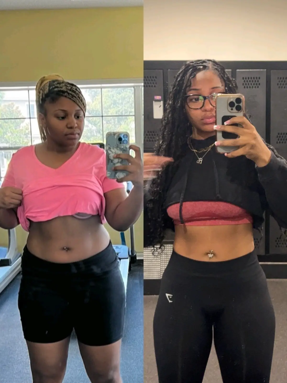 First pic: Just lost 45 lbs just from cardio alone and decided to start going to the gym to tone up as I lost more weight so that I wouldn’t be left with excess skin. My starting weight was 265 pounds. . Second pic: 3 years later, 163 lbs, toned, strong, and still putting in work💪🏽  Body recomp was always the goal🎯 . Visit link in bio for 1-1 online coaching  . . . . . . . . . . . . . . #102lbsdown #theebaddest07 #getfitwithmya #ElevateAndEvolve #Myavationapparell  