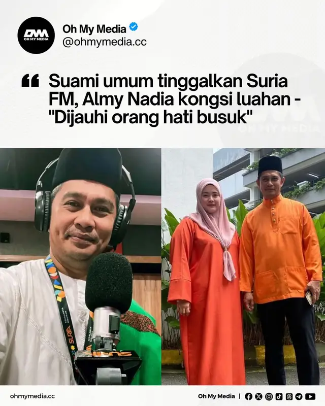 Isteri kepada pelakon, Datuk Fizz Fairuz iaitu Datin Almy Nadia mendedahkan bahawa suaminya sudah tidak lagi berkhidmat sebagai penyampai radio di stesen radio Suria FM. Fizz Fairuz tinggalkan Suria FM Pemakluman itu dibuat oleh Almy menerusi hantaran Instagram Story, namun perkongsian itu mencetuskan tanda tanya apabila pelakon tersebut seolah-olah memberi bayangan bahawa keputusan tersebut dibuat atas dasar keterpaksaan. “Permulaan yang baik, di hari Jumaat yang baik. Ditemukan dengan orang-orang baik dan dikelilingi dengan orang-orang yang baik. “Dijauhi dengan orang yang hati busuk dan suka aniaya orang, Alhamdulillah syukur padamu Ya Allah. Saya sayang awak (Fizz Fairuz) dan mama sentiasa ada dengan sayang,” tulis Almy di Instagram, hari ini. Ibu kepada lima cahaya mata itu turut memberikan semangat buat suaminya agar percaya akan rezeki tuhan dan sempat menulis beberapa potongan ayat berbunyi sindiran bahawa karma itu sentiasa ada buat mereka yang suka menindas orang lain. “Alhamdulillah tamat sudah perjalanan beliau di Suria FM. “Bersyukur dan percaya rezeki ada di mana-mana. Pada yang tet, terima kasih juga, ingat Allah sentiasa ada,” jelasnya. Dalam perkembangan berasingan, Almy sempat berkongsi rakaman luahan suaminya buat kali terakhir ketika bersiaran ke udara di stesen radio tersebut. Hari ini adalah hari terakhir saya di Suria FM. Terima kasih atas peluang beri saya merasai impian yang saya impikan. “Saya memang nak suatu hari nanti dapat jadi jadi DJ Radio kerana saya nak cuba semua bidang. Saya dah pernah jadi pengarah, jadi pelakon dan saya masuk radio ni sebab saya minat. “Datuk Nash pernah cakap suara saya sedap buat DJ. Alhamdulillah tercapai juga impian saya nak berada di sini,” luah Fizz, menangis. Untuk rekod, Fizz dilamar sebagai penyampai radio di Suria FM bermula 21 Januari tahun lalu, bergandingan bersama Ajak dan Kai dalam segmen “Morning Morning Suria” setiap Isnin hingga Jumaat dari jam 6 pagi hingga 10 pagi. Sumber: Instagram Almy Nadia
