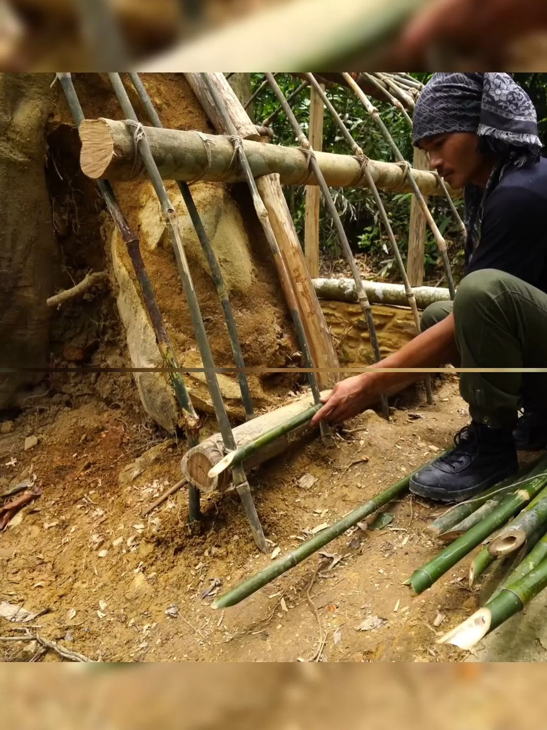 I built a bushcraft survival house hidden deep ben eath a giant fallen tree root Part 3 #bushcraft #build #camp #camping #survival #shelter #wildlife #Outdoors #outdoor #viral #fyp