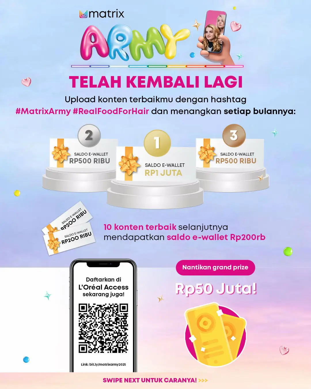 Upload rambut glow-up kamu bareng Matrix hair care & dapetin saldo jutaan tiap bulan bareng Matrix Army! 💇🏻‍♀️💸 Let your hair do the flexin’! #MatrixIndonesia #MatrixHaircare #FoodForSoft #RealFoodForHair #hairtok 