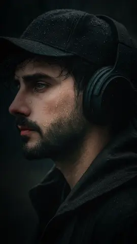 Close-up portrait of a young 28 year old man(attached photo) in the rain, seen from profile, looking into the distance with a melancholic expression. he is wearing a dark baseball cap with a red detail and black over-ear headphones.His heavy dark hair is tousled by the coastal wind, falling leicht ins Gesicht, voller Textur und Bewegung.. Raindrops are clearly visible on his skin. The background is a heavily blurred, dark, rainy outdoor scene with visible streaks of falling rain. #ذكاء_اصطناعي #اكسبلور #شعب_الصيني_ماله_حل😂😂 #مالي_خلق_احط_هاشتاقات 