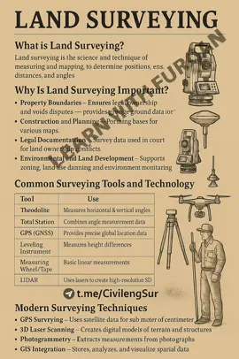🎯 What is Land Surveying? Why is it Important? Land surveying is the science of measuring & mapping land to determine exact positions, distances, & angles. 🌍 📌 Why It’s Important: ✅ Property Boundaries ✅ Construction & Planning ✅ Legal Documentation ✅ Environmental & Land Development 🛠️ Common Tools & Technology: 📏 Theodolite – Measures angles 📐 Total Station – Combines angle data 📡 GPS (GNSS) – Global location accuracy 📶 Leveling Instrument – Height measurement 📏 Measuring Tape/Wheel – Linear distances 🚁 Drones – Aerial imaging 🛰️ LIDAR – Laser-based 3D data 🚀 Modern Surveying Techniques: 📡 GPS Surveying 🛰️ 3D Laser Scanning 📷 Photogrammetry 🗺️ GIS Integration 📌 Learn more with real visuals and expert breakdowns! 🔗 Join our Telegram: https://t.me/Civilengsur 📌 Watermark: Learn with Furqan #Surveying #CivilEngineering #LandSurveying #ConstructionTips #EngineeringTools #DroneSurveying #LIDAR #TotalStation #LearnWithFurqan #CivilEngSur #GIS #Photogrammetry #TikTokEngineering #EngineerLife #sitework #forupage #fyp #foryou #CivilEngSur #surveying 