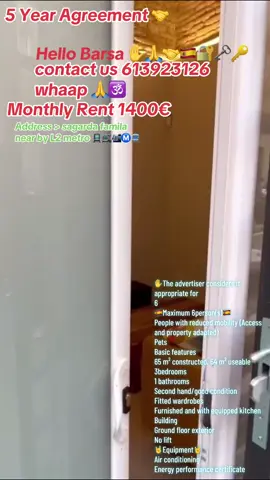 The advertiser considers it appropriate for 6 Maximum 6person(s) People with reduced mobility (Access and property adapted) Pets Basic features 65 m² constructed, 64 m² useable 2 bedrooms 1 bathrooms Second hand/good condition Fitted wardrobes Furnished and with equipped kitchen Building Ground floor exterior No lift Equipment Air conditioning Energy performance certificate#alleuropeancountries🇪🇺🇩🇪🇮🇹🇪🇸🇧🇪🇪🇺 #alquiler #5 #agrement #realstateagency #Barcelona #creatorsearchinsights 