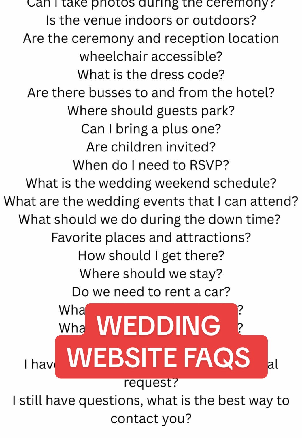 Here are a few suggestions for wedding website FAQs! Let me know what else you put on yours! #wedding #weddingtiktok #weddingtok 
