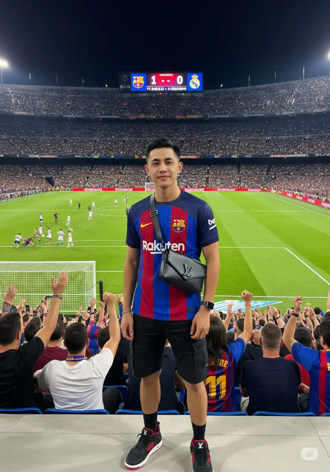 PROMPT :Buat foto menampilkan suasana di dalam stadion sepak bola yang sangat ramai dan meriah saat pertandingan besar antara dua tim raksasa Spanyol, yaitu FC Barcelona dan Real Madrid, berlangsung. Berikut adalah deskripsi detail dari elemen-elemen dalam foto: Latar Belakang (Stadion dan Pertandingan) Stadion: Foto diambil di dalam Stadion Cam Nou , markas FC Barcelona. Terlihat tribun penuh dengan ribuan penonton mengenakan berbagai atribut klub. Layar skor digital di bagian atas tengah menampilkan logo FC Barcelonadan Real Madrid dengan skor sementara 0 - 0. Ini menunjukkan pertandingan sedang berlangsung dan belum ada gol yang tercipta. Lapangan hijau cerah terlihat dengan sangat jelas, menandakan pertandingan sedang berjalan. Para pemain dari kedua tim tampak tersebar di berbagai posisi, menunjukkan momen aktif dalam pertandingan. Para pemain mengenakan jersey putih khas Real Madrid dan jersey biru-merah khas Barcelona. Tampak momen serangan ke arah gawang Real Madrid di sisi kiri frame. Subjek Utama (Pria di Depan Kamera) Seorang pria muda umur 21 tahun khas Indonesia, berwajah oval serta tampan. berdiri di tribun depan dengan latar langsung ke lapangan. Ia menjadi subjek utama dari foto ini. Kaos jersey biru merah khas FC barcelona terbaru.  Ia mengenakan celana kargo hitam pendek yang kontras dengan jersey FC Barcelona, menambah kesan stylish. Di tubuhnya melintang sebuah tas selempang kecil warna hitam dari brand LV yang dikenakan secara menyilang. Memakai jam tangan pintar dari Apple Serta sepatu jordan warna hitam merah  Ia tampak tersenyum tenang menghadap kedepan camera, dengan latar belakang pertandingan yang sedang berlangsung. Penonton Di belakang PRIA tersebut, tampak tribun penuh penonton yang mengenakan berbagai warna, dominan putih (fans Real Madrid) dan sebagian mengenakan warna merah-biru (fans Barcelona). Beberapa penonton tampak berdiri atau mengangkat tangan, memperlihatkan suasana antusias dan intens dari pertandingan El Clásico ini. Ada papan LED di sekeliling stadion yang menampilkan iklan serta tulisan-tulisan promosi pertandingan. Pencahayaan dan Suasana Pencahayaan sangat terang dan merata, menunjukkan bahwa pertandingan ini kemungkinan berlangsung di siang atau sore hari, atau di bawah lampu sorot stadion modern. Warna hijau lapangan sangat kontras dengan warna jersey para pemain dan penonton, memberikan kedalaman visual yang menarik. Suasana foto sangat hidup dan menggambarkan momen kebanggaan, antusiasme, serta semangat olahraga dalam skala besar. Aspek 3:4 #faceswap #f #fyppppppppppppppppppppppp #fyp #gemini #Ai #fcbarcelona 