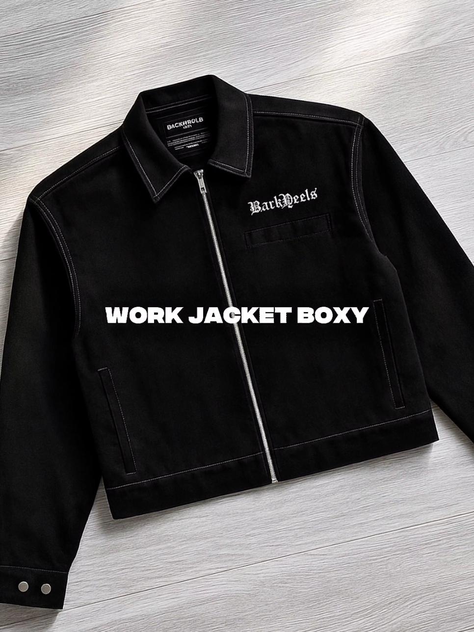 Backheel Boxy Work Jacket Black Warna: Hitam Aplikasi: DTF Printing (Sablon) Material: Cotton Drill - Zipper - furing diamond Ukuran: S/M/L/XL- UNISEX #workjacket #jacket #jaketboxy #jaketpria #jaket #goodvibes #kekinian #koreanstyle #foryou 