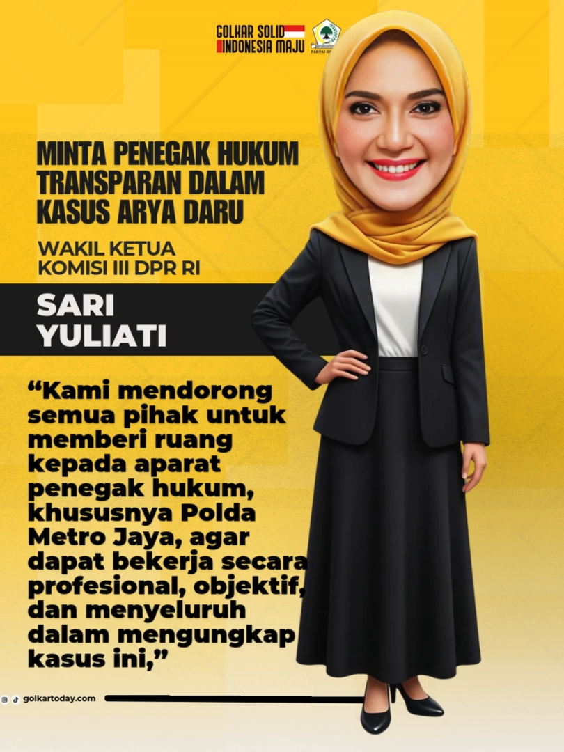 Kasus Arya Daru Jadi Sorotan, Sari Yuliati Minta Penegak Hukum Transparan #bahlillahadalia #kuningkeren #golkarindonesia #partaigolkar #golkarpedia https://golkartoday.com/kasus-arya-daru-jadi-sorotan-sari-yuliati-minta-penegak-hukum-transparan/