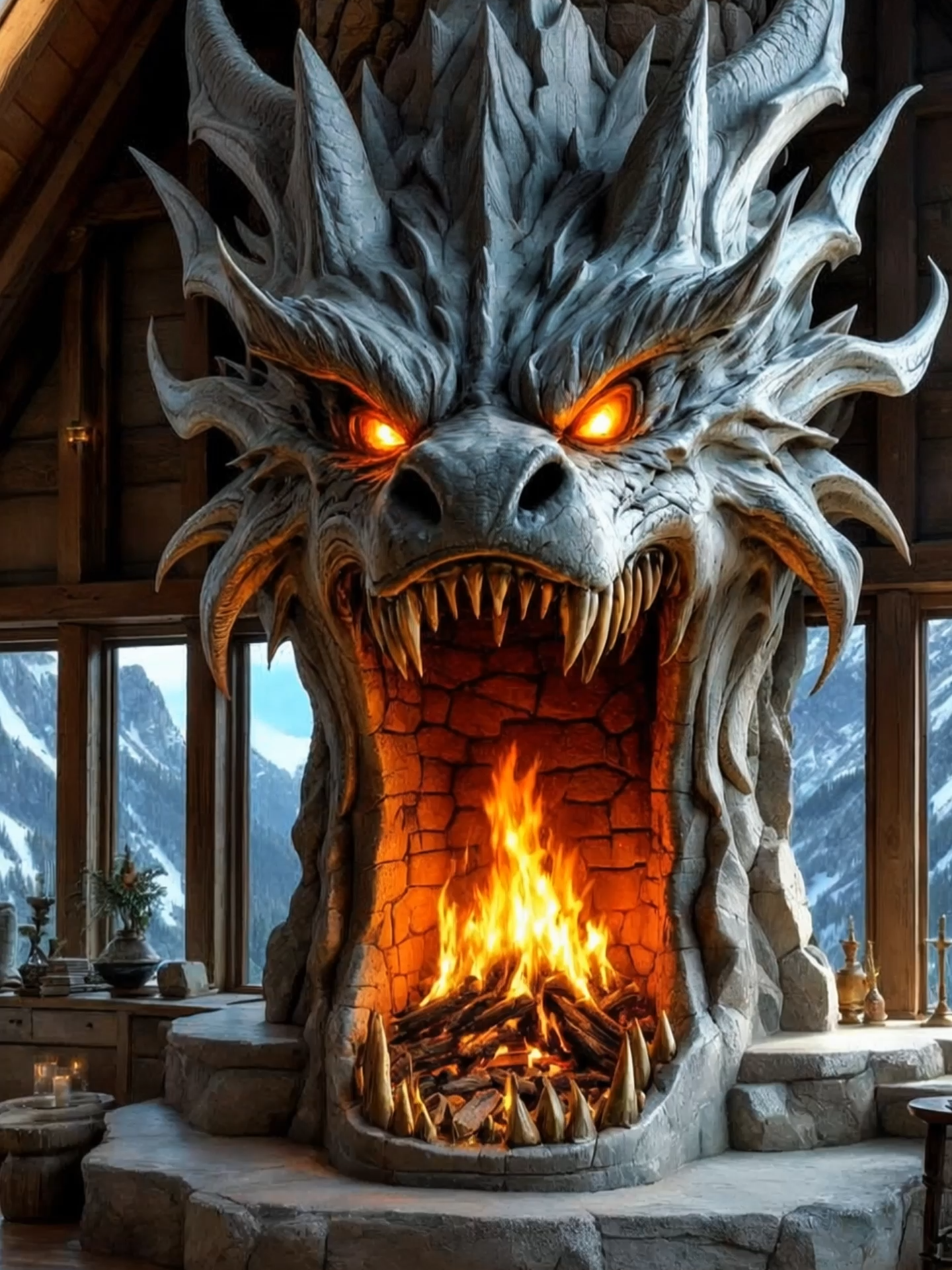 My fireplace could eat your fireplace 🐲 #fireplace #dragon #epicdesign #interiordesign #fantasyhome #aidesign #dragondecor #livewallpaper #coolthings #homeinspo #ai