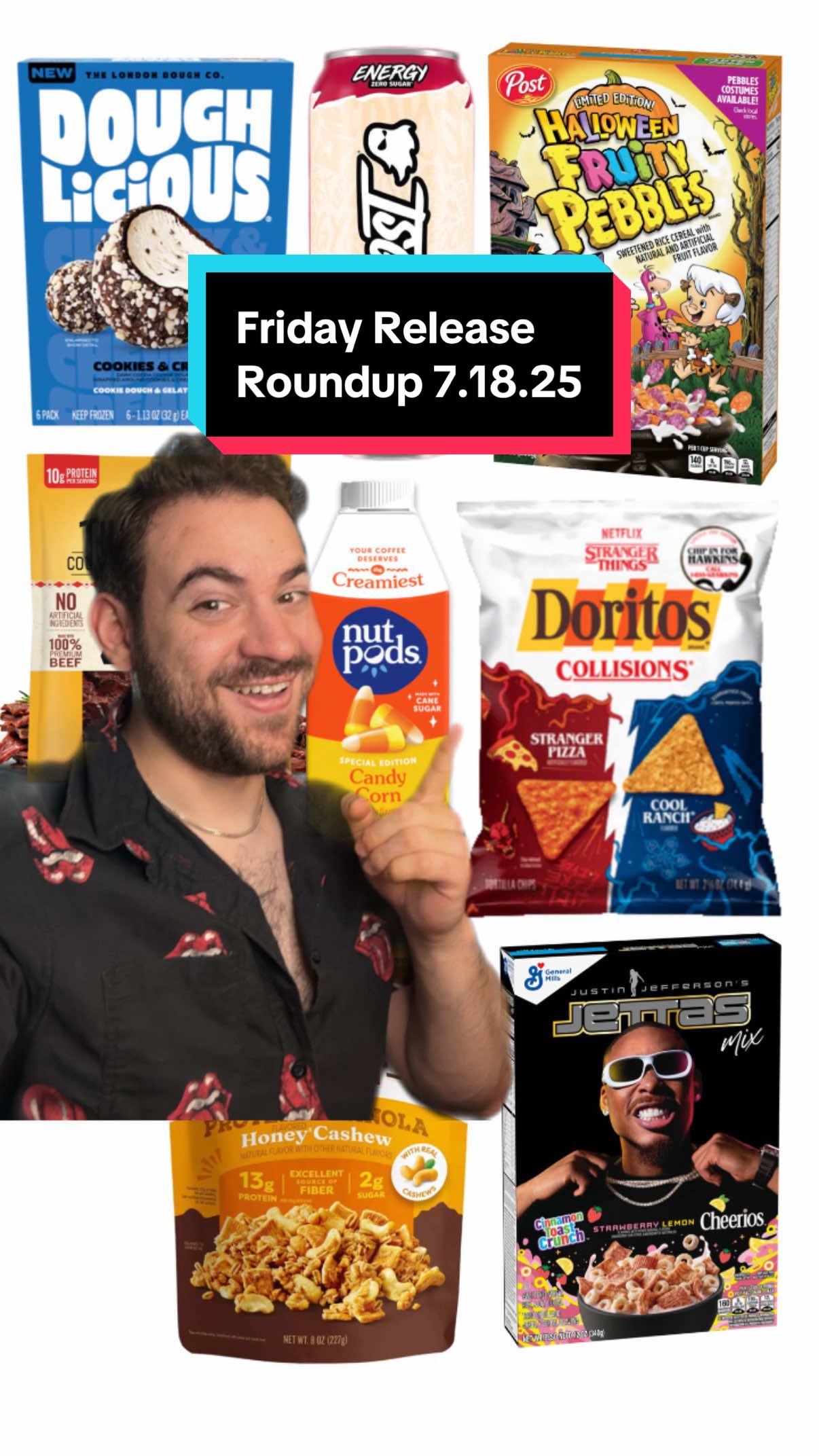 New food releases inbound for your weekend and beyond, y’all!  Some serious snacks coming up: Doritos will be hitting us with a Stranger Things Pizza/Ranch Collissions flavor, General Mills is launching Justin Jefferson’s Jettas Mix cereal, Mike’s Hot Honey and Tillamook Country Smoker are teaming up for beef jerky, Doughlicious has a Cookies & Cream Gopuff exclusive gelato/cookie dough flavor, Ghost Energy’s Raspberry Cream flavor readies its launch, Catalina Crunch goes protein city with its new granola, Fruity Pebbles Halloween returns, and nutpods adds a candy corn coffee creamer.  Are you going to be on the lookout for any of these new food releases?  #FoodTok#foodnews#doritos#snacks#fruitypebbles#cereal#groceryshopping#snackbreak#coffetok#energydrink#fyp 