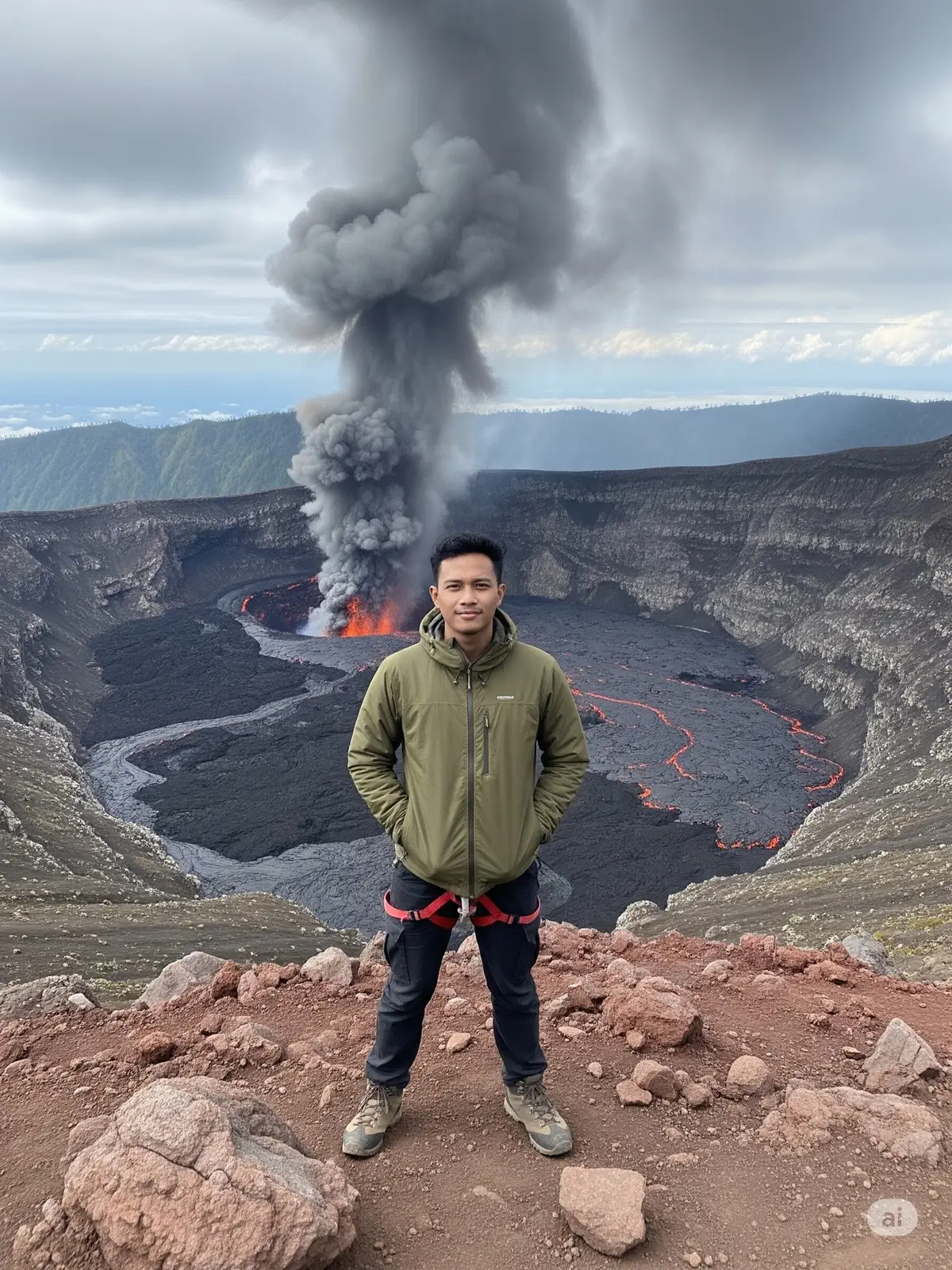 Prompt : Buatkan foto menampilkan seorang pria muda yang berpose di puncak sebuah gunung berapi dengan latar belakang kawah yang mengeluarkan asap. Seorang pria muda Indonesia, berusia 20-an, dengan rambut hitam pendek dan senyum tipis. Dia mengenakan jaket berwarna hijau olive atau hijau tentara, celana panjang gelap hitam, dan sepatu hiking. Terlihat ada tali atau harness berwarna merah yang melilit pinggangnya, menunjukkan bahwa dia mungkin terlibat dalam aktivitas pendakian yang lebih teknis atau di area berbahaya. Kedua tangannya dimasukkan ke dalam saku jaketnya, memberikan pose yang santai namun percaya diri. Pria tersebut berdiri di atas formasi batu vulkanik berwarna merah kecoklatan. Di belakang pria, terlihat kawah gunung berapi yang sangat besar dan gelap, dengan area yang didominasi warna hitam pekat, kemungkinan bekas aliran lava atau abu vulkanik. Asap tebal berwarna putih dan abu-abu mengepul dari kawah, menambah kesan dramatis dan menunjukkan aktivitas vulkanik. Langit di atas kawah tertutup awan abu-abu tebal, selaras dengan asap yang mengepul, menciptakan suasana yang suram namun menakjubkan. Ada juga sedikit retakan atau celah di lanskap vulkanik gelap yang terlihat di kejauhan. Komposisi dan Pencahayaan, Foto ini diambil dari sudut pandang yang sedikit lebih tinggi atau sejajar dengan subjek, menyoroti ketinggian dan bahaya lokasi. Pencahayaan tampak alami, dengan cahaya yang cukup terang meskipun langit berawan, menerangi subjek dengan baik. Komposisinya menempatkan pria di tengah, dengan latar belakang kawah yang aktif mendominasi bagian atas dan tengah gambar, menciptakan kontras antara subjek manusia dan kekuatan alam. Estetika Keseluruhan, Foto ini memiliki nuansa petualangan, keberanian, dan pengalaman yang ekstrem. Kualitas gambar terlihat baik, dengan detail yang jelas pada subjek, tekstur bebatuan, dan asap yang mengepul. Secara keseluruhan, gambar ini berhasil menangkap momen seorang pendaki di dekat gunung berapi aktif, menunjukkan keindahan sekaligus potensi bahaya alam. Rasio Foto 3:4 #prompt #geminiai #fyppppppppppppppppppppppp #ai #trend #puncaksejatiraung 