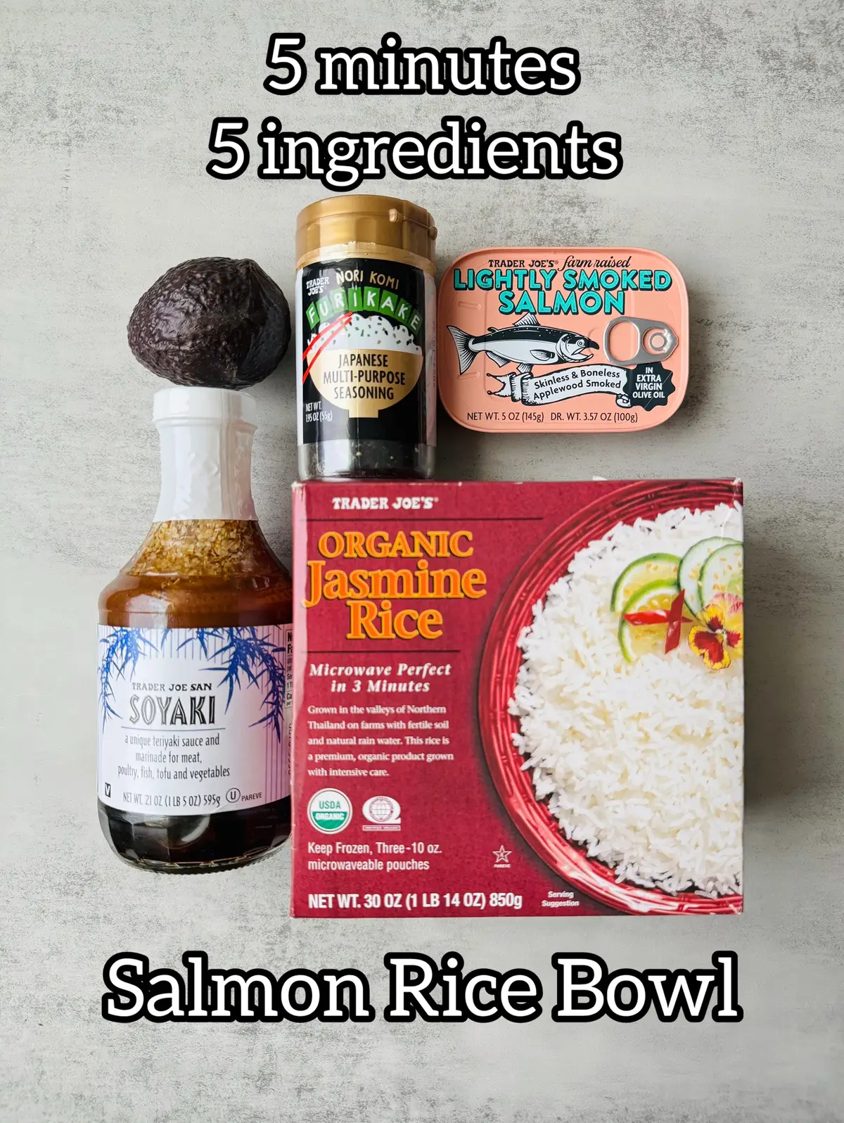 Quick and easy 5 min lunch or dinner using Trader Joe’s canned salmon! This lil pink tin of salmon is so convenient and really tasty, perfect for a no-cook, filling and healthy meal! Ingredients  Lightly smoked salmon Jasmine rice Avocado Soyaki Furikake Green onion for garnish (optional)  Microwave the rice for 3 min, then throw the salmon on top (straight from the tin, no need to heat or cook!) add sliced avocado, 2 tablespoons (or more if you’d like) of Soyaki, Furikake, and green onions for garnish and dig in! Tag a friend who needs to try this!