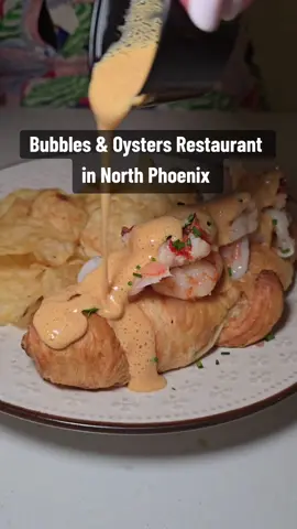 Top dish at this bubbles & oysters restaurant 🍾🦪 Humble Bubbles and Oysters is a cute restaurant located at High Street in North Phoenix. This is the perfect spot for a date night, girls' night out, or if you want a girl dinner. They offer a variety of seafood forward dishes like lobster bisque, scallops, and more.  The best item to order on this menu is the lobster shrimp roll. This dish is better than a traditional lobster roll because it is 1/2 a lobster tail, with Argentine shrimp and prawns butter poached on top of their house baked croissant topped with lemon zest and hollandaise. The croissant is perfectly dough with a light crisp, and all the flavors blend together! 📍5415 E High St, Phoenix, AZ 85054 Share with a friend who owes you a night out 🍾 #seafood #phoenixaz #oysters #datenight 