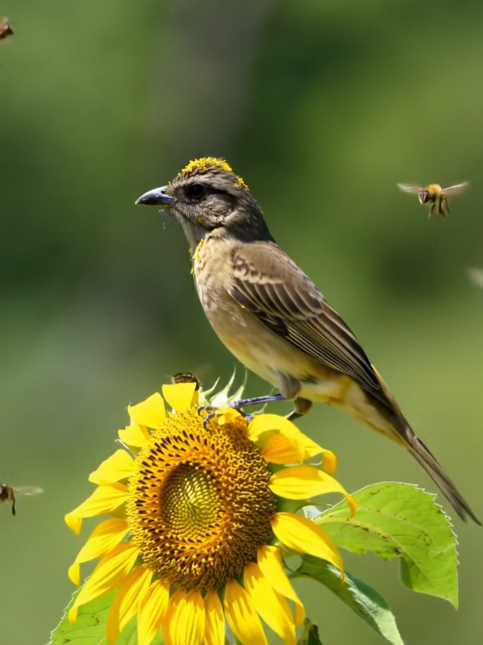 🌻🐦🐝 “Pollen Prince 👑🐦 Standing Proud… Until the Bees Arrive 🐝🌻” There he stands — a little bird on a giant sunflower, bathed in golden light. He looks majestic. A crown of pollen rests gently on his head like nature’s own blessing. He blinks slowly. Soaks in the sun. You’d think he’s the king of this tiny yellow kingdom. But wait... Buzz… buzzzz… Here come the bees. Dozens of them. Hovering, circling, dancing around the sunflower like they own it. At first, the bird pretends not to care. He puffs his chest. He turns slowly, dramatically, as if saying, “I belong here. I claimed this spot first.” But the bees? They’re not impressed. They don’t care about pollen royalty. They’ve got work to do. Now things get awkward. One bee brushes against his wing. Another buzzes right past his eye. The bird blinks again. Flinches. Shakes his head. His royal calm… is unraveling. Suddenly, he hops to the left. Then to the right. Wings flutter. Tail twitches. The pollen crown? It’s slipping. His dignity? Also slipping. He looks around — as if asking, “Is this really happening?” Nature has a way of humbling even the most graceful creatures. And this little moment, where an elegant bird meets the persistence of tiny buzzing bees, reminds us: In nature, no one stays on the throne for long. Still, he stays a few seconds more. Shakes off the pollen. Spreads his wings — and lifts into the air with style. A royal exit, from a very yellow stage. 🌻🐝🐦 #BirdLife #SunflowerScene #NatureComedy #BeeDrama #PollenPrince 