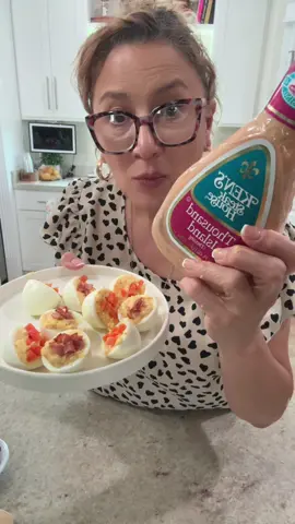 Deviled eggs made with Thousand Island dressing, mustard, pickled carrots or fried ham! #deviledeggs #thousandislands #eggs #pickledcarrots #snack #appetizer 