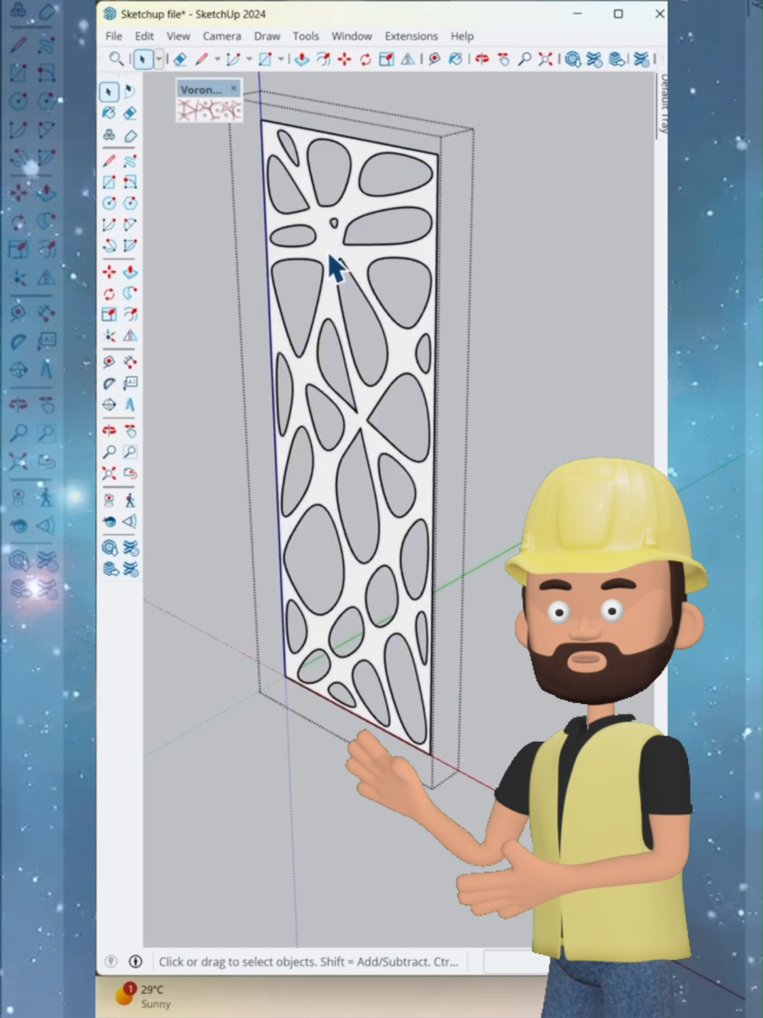 Desain kamu masih polos dan ngebosenin? Coba trik ini buat bikin pola organik futuristik langsung di SketchUp! Gak perlu gambar satu-satu, tinggal klik... JEDER! pola Voronoi langsung jadi! Cocok buat fasad, partisi, plafon, sampai cutting CNC 😍 #sketchup #desainunik #voronoi #arsitektur #partisiminimalis #futuristicdesign #cnccutting #sketchuptutorial #fypシ #foryou #interiordesigner #hacksketchup #3dtutorial #architectureindonesia