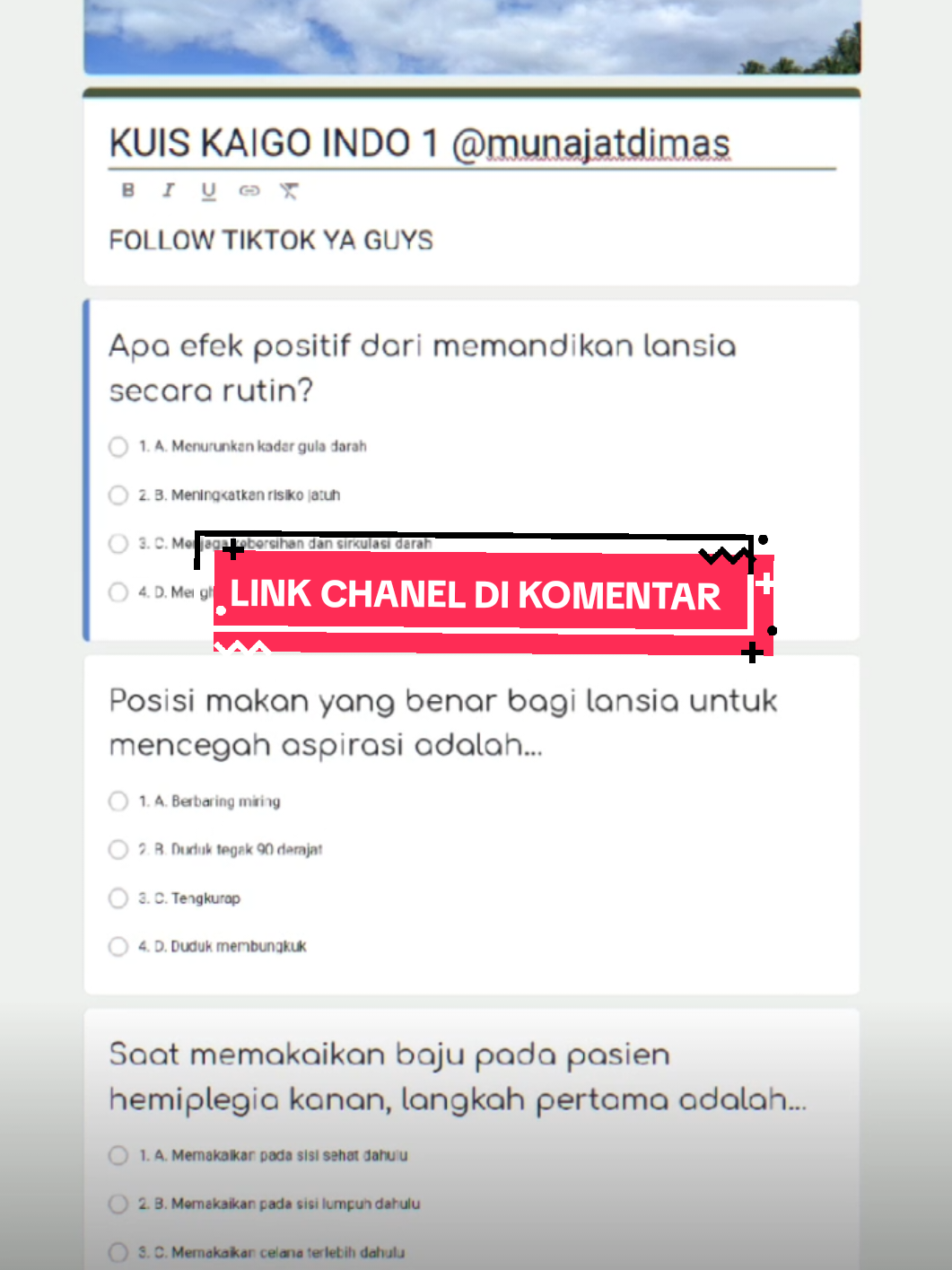 maaf ya Minna kemarin yang di Chanel pada nggak bisa di akses sekarang Mimin udah buat kuis kuis yang baru biar kalian nanti pas tes ada bayangan bayangan boleh di coba y ganbatte neee  #tgjapan🇲🇨🇯🇵 #ipisukabumi #kaburajadulu #kaigo #soalkaigo #sswkaigo 