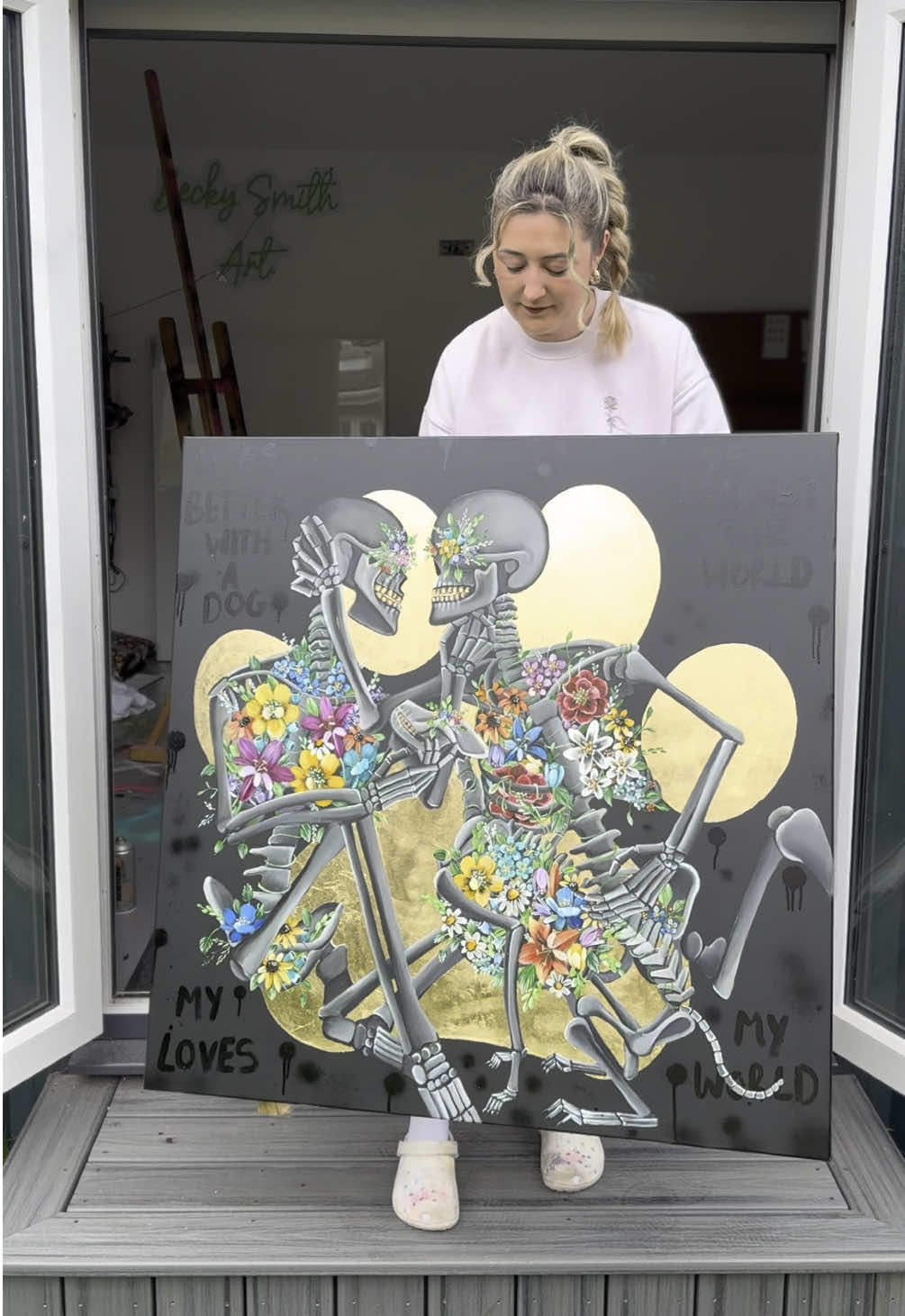 Yesterday I showed you guys one of my double skelly pieces are we SOLD IT!🥹 so today I’m showing you all one of my doggo double skelly pieces in hope that it can find the right people 🐾 🫶🏼  #GlowArt #SkeletonArt #artcollector #skullart #floralskeleton #artist #ukartist 