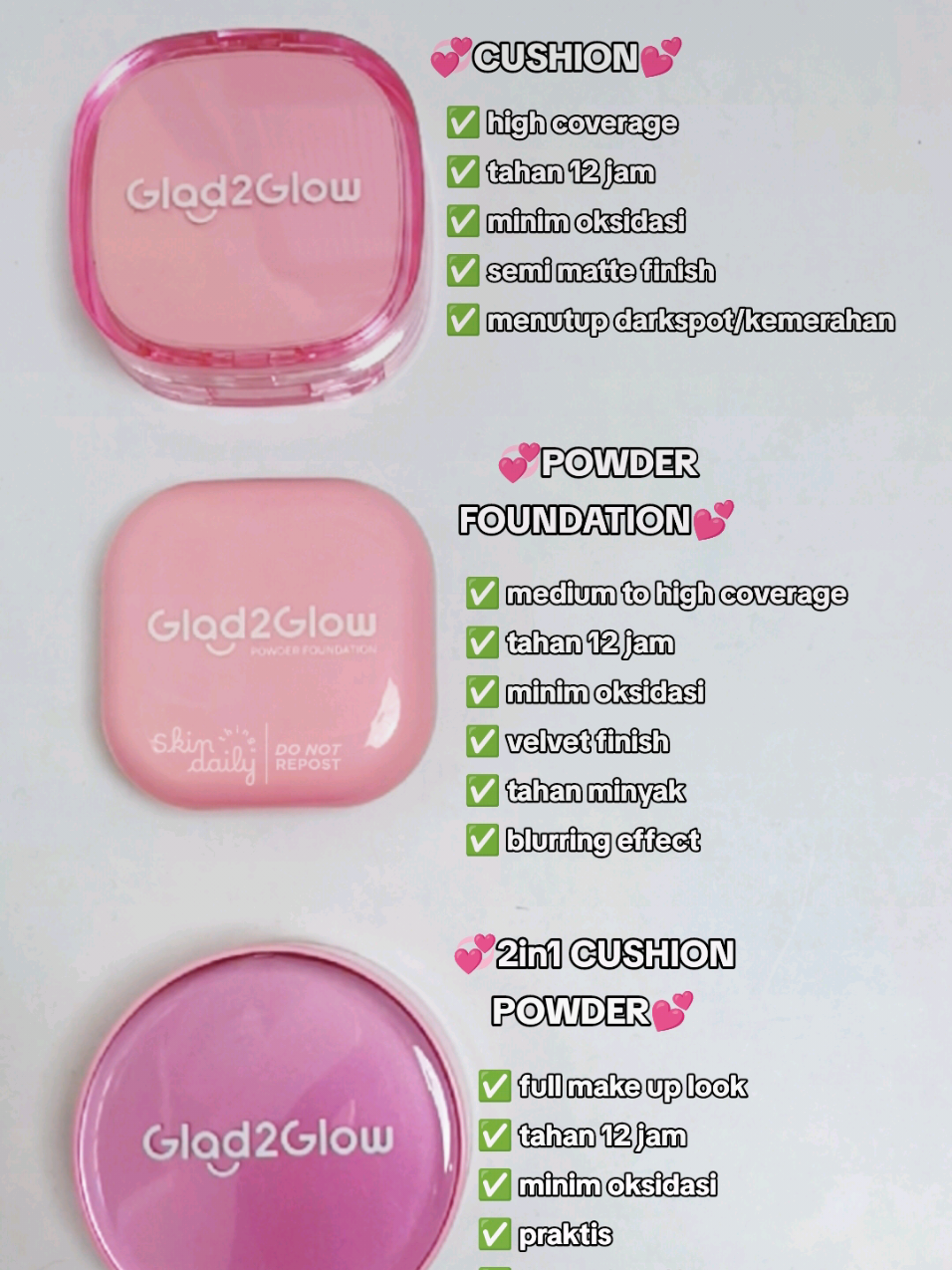 Kamu cocok yg mana niih? Btw bentar lagi mau muncul member baru complexion glad2glow niih 🫶🏻 #cushion #powderfoundation #cushion2in1 #cushionpowder #glad2glow #g2g 