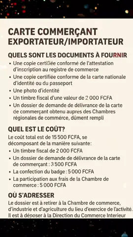 Demander une carte commerçant exportateur/importateur Pour exercer le commerce au Sénégal, il est obligatoire de s’inscrire au registre du commerce. La carte de commerçant est délivrée après cette inscription. Elle est utile pour exercer certaines activités commerciales (commerce de gros, etc.). Quels sont les documents à fournir ? .        Une copie certifiée conforme de l’attestation d’inscription au registre de commerce .        Une copie certifiée conforme de la carte nationale d’identité ou du passeport .        Une photo d’identité .        Un timbre fiscal d’une valeur de 2 000 FCFA .        Un dossier de demande de délivrance de la carte de commerçant obtenu auprès des Chambres régionales de commerce, dûment rempli Quel est le coût ? Le coût total est de 15 500 FCFA, se décomposant de la manière suivante : .        Un timbre fiscal de 2 000 FCFA .        Un dossier de demande de délivrance de la carte de commerçant : 3 500 FCFA .        La confection du badge : 5 000 FCFA .        La participation aux frais de la Chambre de commerce : 5 000 FCFA Où s’adresser ? Le dossier est à retirer à la Chambre de commerce, d’industrie et d’agriculture du lieu d’exercice de l’activité. Il est à déposer à la Direction du Commerce Intérieur ou au service régional du commerce.#senegalaise_tik_tok #viralvideos #commerce #cartecommercant #chambre de Commerce 