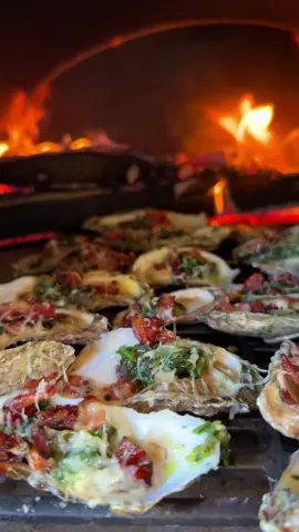 Wood-fired Oysters, loaded with bacon, spinach, shallots, garlic, and smoky cheese 💨 these oysters are as rich as Rockefeller and twice as delicious. 🦪 Thanks to my @Authentic Pizza Ovens 