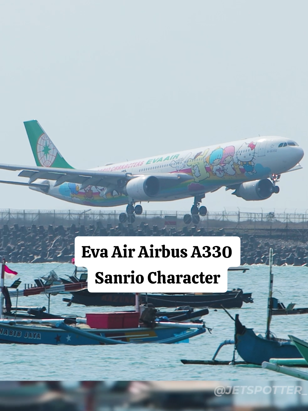 Eva Air Airbus A330 (Sanrio Character Livery) Landing In Denpasar Bali #planespotting #planespotter #aviation #aviationtiktok #bali #evaair #airbus #a330 #sanrio 