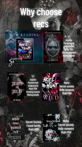 Why choose recs dark romance, bully romance, paranormal romance  @Clarissa Wild📚 @JA Welch Books @Elena Lawson @Ashley Reyes | Author 🥀  ⚔️: sword crossing = boyfriends are boyfriends  Check trigger warnings  You mental health is important  #darkromance #darkromancebooktok #whychooseromance #whychoosebooktok #reverseharembooks #BookTok #bookfyp #kindleunlimitedromance #kindleunlimitedromancebooks #bookish #bookishtiktok #spicybooktook #spicybook #libroseningles #librosspicy #booksoftiktok #bookclub #bookbesties #kindleunlimitedrecs #paranormalromance #paranormalromanceseries #kindleunlimited 