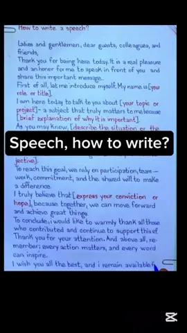 How to write a speech? Write Ladies and Gentlemen, dear guests, colleagues, and friends, Thank you for being here today. It is a real pleasure and an honor for me to speak in front of you and share this important message. First of all, let me introduce myself. My name is [Your Name], and I am [Your role or title]. I am here today to talk to you about [Your topic or project] — a subject that truly matters to me because [brief explanation of why it is important]. As you may know, [describe the situation or the challenge briefly]. That is why we have launched [the project / idea / initiative], with a clear goal: [state your main objective]. To reach this goal, we rely on participation, teamwork, commitment, and the shared will to make a difference. I truly believe that [express your conviction or hope], because together, we can move forward and achieve great things. To conclude, I would like to warmly thank all those who contributed and continue to support this effort. Thank you for your attention. And above all, remember: every action matters, and every word can inspire. I wish you all the best, and I remain available for any questions or exchanges. Thank you. #speech #foryou #usa #coach 