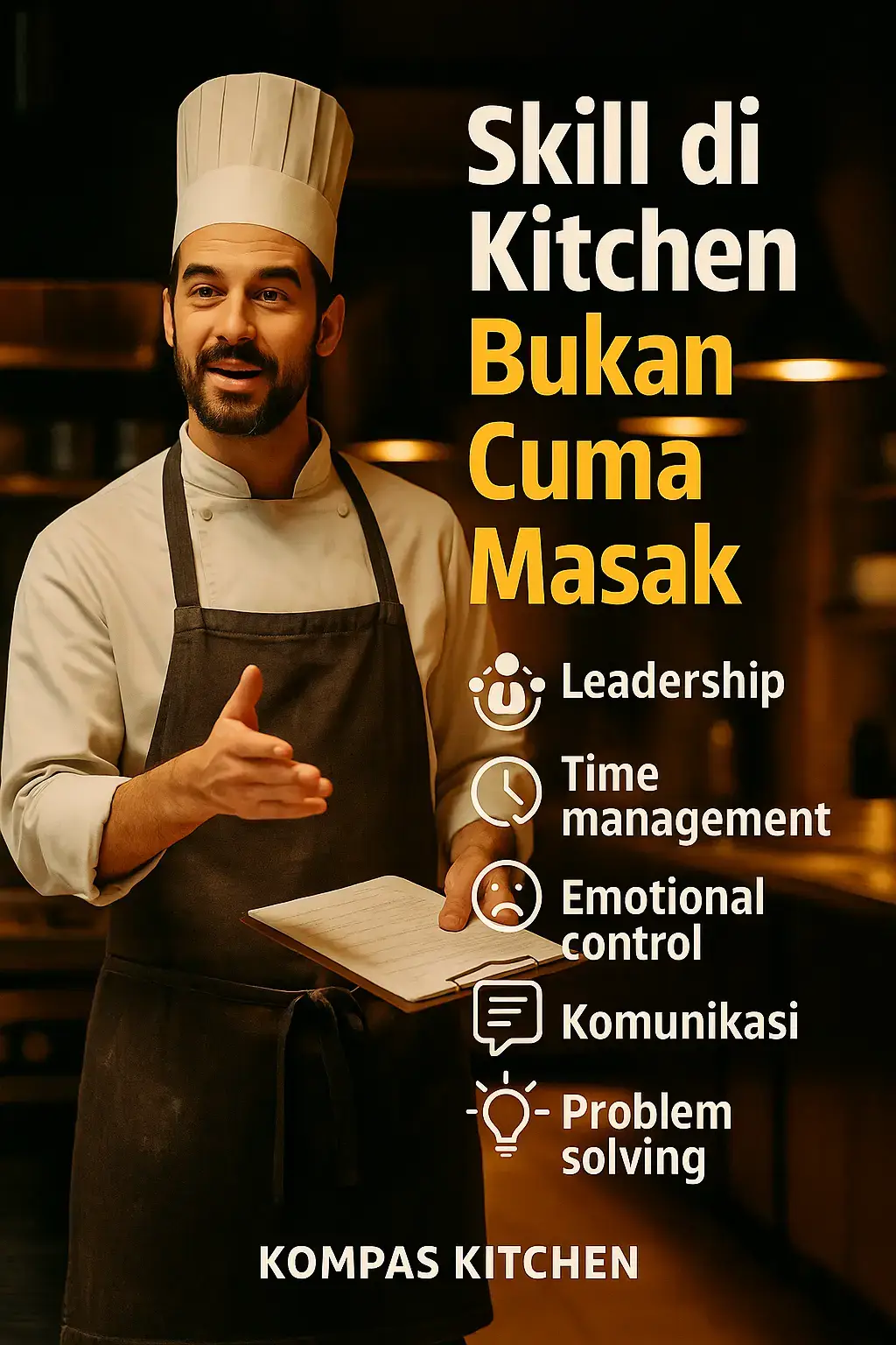 1. Leadership Leadership bukan cuma soal jadi Head Chef atau punya jabatan. Di kitchen, leadership itu soal tanggung jawab, bukan posisi. Kamu udah bisa jadi leader meski statusmu masih staf biasa. Mulai dari hal kecil: pimpin diri sendiri dulu. Disiplin, tanggung jawab, jaga ritme kerja section kamu. Kalau kamu senior, tunjukkan leadership dengan bikin section kamu jalan mulus—tanpa harus marah-marah atau nunggu disuruh. Chef yang dihormati itu bukan karena jabatan, tapi karena sikap. 2. Komunikasi Kitchen itu dunia cepat dan keras. Kalau kamu gak bisa komunikasi dengan jelas dan singkat — hasil masakan bisa kacau. Tapi komunikasi bukan cuma soal kasih perintah atau laporan. Kamu juga harus bisa menyampaikan masalah dengan efektif. Ada problem? Jangan pendam. Tapi juga jangan meledak. Latih diri buat ngomong dengan tenang, jelas, dan fokus ke solusi. Bilang: “Chef, ada kendala ini. Bisa kita cari cara bareng?” Bukan: “Chef, saya capek terus disalahin!” Komunikasi yang baik bukan cuma bikin kerja lancar, tapi juga bikin kamu dihargai sebagai profesional. 3. Time Management Di kitchen, waktu itu segalanya. Telat 2 menit plating — makanan bisa overcooked, telat prep — bikin seluruh flow service kacau. Time management bukan soal ngebut, tapi soal ngerti prioritas. Belajar atur tempo kerja. Mana duluan yang harus selesai? Mana yang bisa disiapin sambil nunggu? Chef yang dihargai bukan yang paling cepat, tapi yang paling efisien dan bisa diandalkan setiap hari. Kalau kamu bisa atur waktu dengan baik, kamu bukan cuma menyelamatkan diri sendiri, tapi juga bantu jaga ritme tim kamu. 4. Emotional Control Kitchen itu keras. Tekanan tinggi, tempo cepat, suara keras — kalau kamu gak bisa kendalikan emosi, kamu bakal cepat tumbang. Tapi emosi itu gak selalu marah. Senang, sedih, kecewa, minder — semua itu emosi. Dan semuanya harus kamu kelola. Karena atasan gak peduli kamu lagi bad mood atau enggak. Yang mereka lihat: kamu perform atau enggak. Emotional control itu kunci buat tetap konsisten. Bukan buat jadi robot, tapi biar kamu tetap stabil walau situasi gak ideal. Latih diri kamu buat tetap tenang, respon dengan kepala dingin, dan tetap profesional, apapun yang terjadi. 5. Problem Solving Masalah di kitchen itu pasti ada. Stok habis, alat rusak, plating miss, makanan gosong, tim gak sinkron — itu semua bagian dari permainan. Yang bikin kamu beda bukan seberapa sering kena masalah, tapi seberapa cepat dan tepat kamu bisa cari solusinya. Problem solving bukan soal nunggu disuruh. Tapi peka, sigap, dan mikir ke depan. Kamu lihat masalah → kamu bergerak. Chef yang disayang tim dan atasan, bukan yang cuma kerja cepat, tapi yang bisa bantu selesaikan kekacauan tanpa panik. Karena kadang yang paling dibutuhin, bukan tambahan tangan, tapi tambahan akal. 6. Attitude Skill bisa dilatih, tapi attitude itu pondasi. Gak peduli seberapa jago kamu masak, kalau datang sering telat, susah diatur, gak mau belajar, atau gampang ngambek — percuma. Dapur bukan tempat buat ego. Attitude yang baik itu kelihatan dari hal kecil: mau bantu bersih-bersih, gak pilih-pilih job, minta maaf kalau salah, dan gak nyalahin tim. Chef yang punya attitude solid akan selalu dilirik. Karena mereka bukan cuma jago, tapi juga enak diajak kerja bareng. Ingat… Orang dengan attitude baik bisa sukses, meski awalnya gak punya banyak skill. Tapi yang skill-nya tinggi tapi attitude-nya jelek? Cepat atau lambat bakal disingkirkan. Maaf kalau caption kali ini agak panjang. Admin cuma pengen kalian bener-bener paham isi pesannya. 🙏 Tapi kalau bentuk konten kayak gini terasa kurang nyaman buat dibaca, silakan tulis di kolom komentar ya. Admin sangat terbuka dengan kritik & saran yang membangun. Semuanya demi konten yang makin relate & bermanfaat buat kalian. ❤️‍🔥 #KitchenLife #TeamKitchen #CeritaDapur #ChefSupport #SuaraAnakKitchen #DapurProfesional #motivasi #motivasi #KitchenKnowledge #ChefRealTalk #