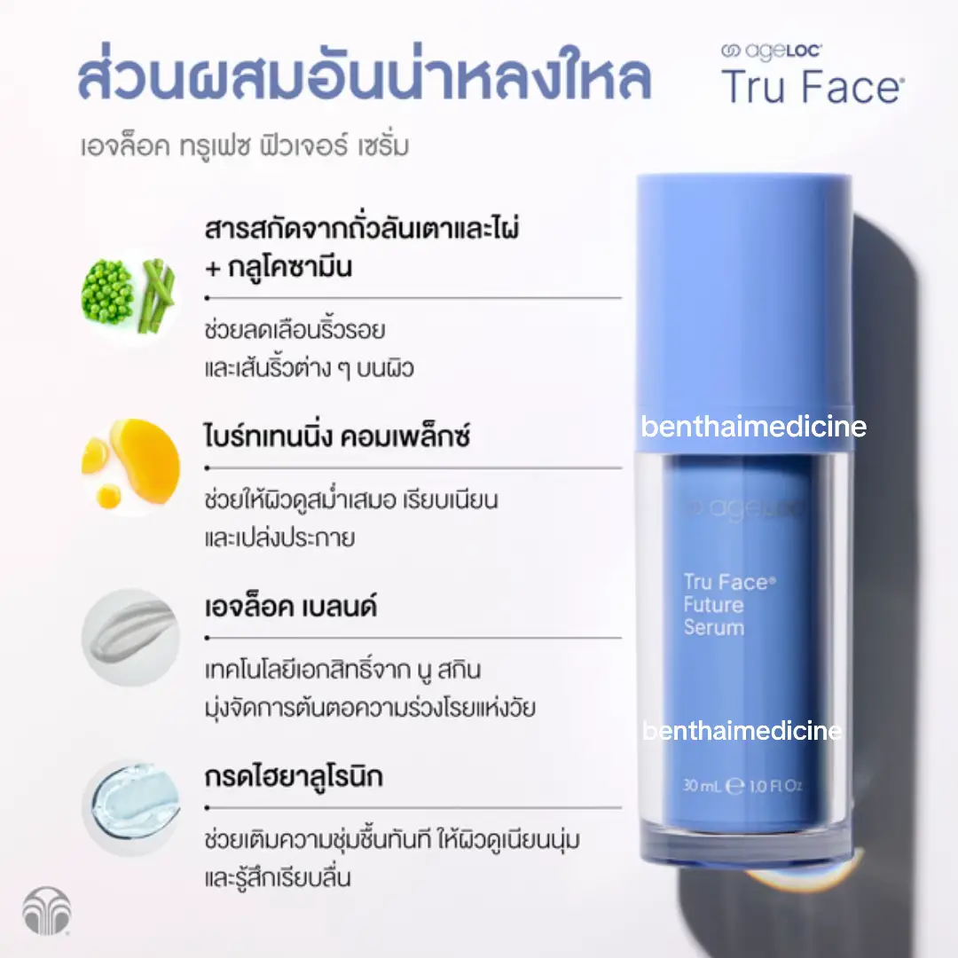 ✨ageLOC Tru Face Future Serum เอจล็อค ทรูเฟซ ฟิวเจอร์ เซรั่ม . ตรงเข้าจัดการกับ 8 สัญญาณแห่งวัย ได้แก่ ความกระชับของผิว, ความเรียบเนียน, สีผิวสม่ำเสมอ, ริ้ว, ความกระจ่างใส, รูขุมขน, จุดด่างดำ, และความชุ่มชื้น . เอจล็อค ทรูเฟซ ฟิวเจอร์ เซรั่ม . 📍.ส่วนผสมอันน่าหลงใหล เอจล็อค ทรูเฟซ ฟิวเจอร์ เซรั่ม . 🌱สารสกัดจากถั่วลันเตาและไผ่ + กลูโคซามีน ช่วยลดเลือนริ้วรอย และเส้นริ้วต่าง ๆ บนผิว . ✨ไบร์ทเทนนิ่ง คอมเพล็กซ์ ช่วยให้ผิวดูสม่ำเสมอ เรียบเนียน และเปล่งประกาย . ✨เอจล็อค เบลนด์ เทคโนโลยีเอกสิทธิ์จาก นู สกิน มุ่งจัดการต้นตอความร่วงโรยแห่งวัย . ✨กรดไฮยาลูโรนิก ช่วยเติมความชุ่มชื้นทันที ให้ผิวดูเนียนนุ่ม และรู้สึกเรียบลื่น . 30 ml. . ซึ่งอยู่ในชุด  🌸ชุดที่1 ชุดเอจล็อค ทรูเฟซ แอนวานซ์ แอนที เอจจิ้ง ageLOC Tru Face Advance Anti-Aging  . 🌸ชุดที่2 ชุดเอจล็อค ทรูเฟซ ทรานส์ฟอร์เมชั่น   ageLOC Tru Face Transformation . . 📍สนใจสินค้านูสกิน เครื่องสปานูสกิน ครีมนูสกิน อาหารเสริมนูสกิน . 📍ปรึกษาเบญได้นะคะ . . #ageLOCTruFaceRefiningToner #ageLOCTruFacePeptideRetinol Complex #ageLOCTruFaceFutureSerum #ageLOCTruFaceEssenceUltra #ageLOCTrFaceRadiantDayspf22 #ageLOCTruFaceLineCorrector #เอจล็อคทรูเฟซรีไฟนิ่งโทนเนอร์ #เอจล็อคเปปไทด์เรตินอลคอมเพล็กซ์ #เอจล็อคทรูเฟซฟิวเจอร์เซรั่ม #เอจล็อคทรูเฟซเอสเซ็นซ์อัลตร้า #เอจล็อคทรูเฟซเรเดียนซ์เดย์เอสพีเอฟ 22 #เอจล็อคทรูเฟซทรานส์ฟอร์มิ่งเจลครีม #เอจล็อคทรูเฟซไลน์คอร์เรคเตอร์ #NuSkinThailand #NuSkin #นูสกิน #นูสกินประเทศไทย #เอจล็อค #เอจล็อคนูสกิน #ageLOC #ครีมเอจล็อคนูสกิน #ครีมนูสกิน #เรตินอลนูสกิน #เรตินิลเอจล็อค