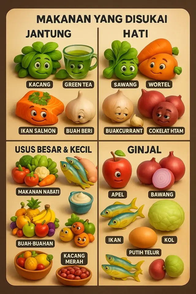 Makanan yang Disukai Organ Tubuh Makanan sehat tak hanya mengenyangkan, tapi juga punya manfaat luar biasa untuk organ-organ penting tubuh kita! Yuk, kenali makanan favorit dari setiap organ: --- ❤️ Jantung Sehat, Hidup Lebih Kuat! Kacang, Ikan Salmon, Buah Beri, dan Green Tea mengandung antioksidan dan lemak sehat yang membantu menurunkan kolesterol, tekanan darah, dan menjaga detak jantung tetap stabil. --- 💛 Lindungi Hati, Organ Detoksifikasi Kita Sayuran hijau (sawang), wortel, bawang putih, buakcurrant, dan cokelat hitam membantu membersihkan racun, meningkatkan fungsi hati, serta melawan peradangan. --- 🟤 Usus Sehat, Pencernaan Lancar Makanan nabati, buah-buahan, kacang merah, dan ikan tinggi serat dan nutrisi yang mendukung pertumbuhan bakteri baik serta memperlancar proses pencernaan di usus besar dan kecil. --- 🔵 Ginjal Kuat, Tubuh Bebas Racun Apel, bawang, kol, putih telur, dan ikan membantu mengatur tekanan darah, menjaga keseimbangan cairan, serta menyaring limbah dan racun dari dalam tubuh. --- 🌱 Tips Sehat: > “Kombinasikan berbagai makanan alami setiap hari untuk mendukung fungsi organ secara optimal. Tubuh sehat dimulai dari makanan bergizi!” #sehat #sehatgamahal #infokesehatan #edukasikesahatan #edukasi #kesehatan #motivasi