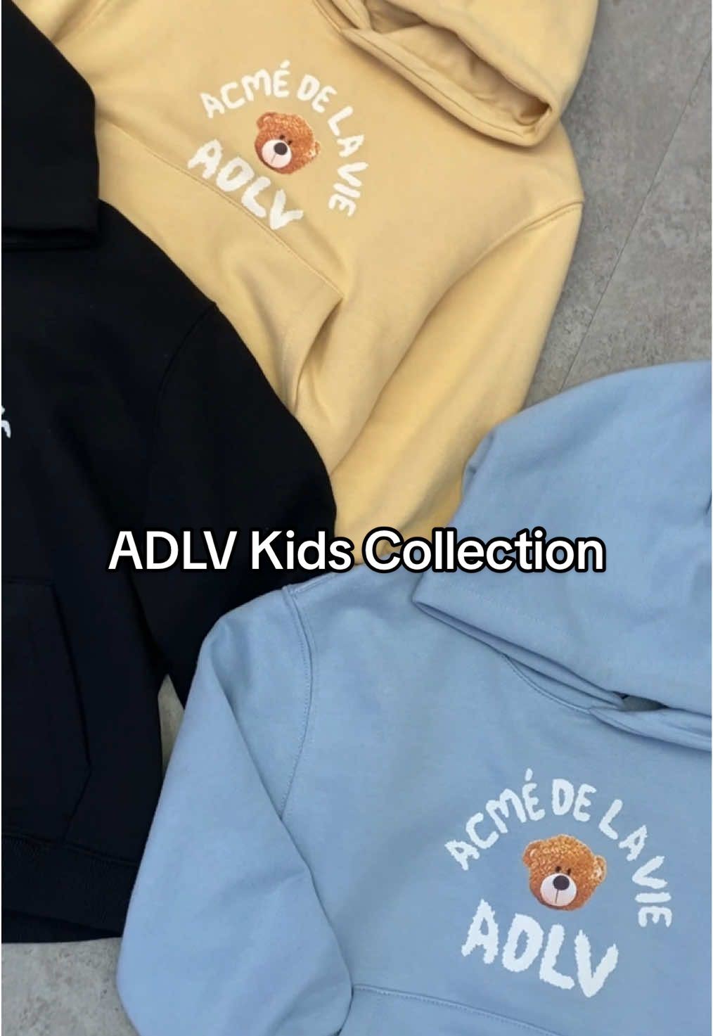 Let the kids play in style 🐰🐻 Our Rabbit Bear Logo Tees & Teddy Bear Hoodies from the ADLV Kids Collection, come in fun colors your little ones will love — like Hot Pink, Sky Blue, and Light Beige! Shop now and dress your little ones in the cutest ADLV looks! 🛍  #ADLV #ADLVIndonesia #acmedelavie 