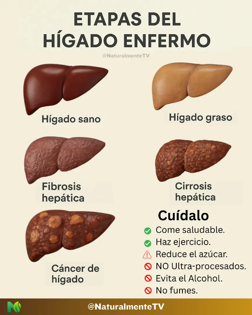 ¿Sabías que el hígado puede enfermar en silencio durante años sin dar síntomas? Aquí te mostramos las 5 etapas más comunes del daño hepático, desde un hígado sano hasta el cáncer, para que puedas prevenir y actuar a tiempo. 🔍 Etapas: 1️⃣ Hígado sano: El ideal. Filtra toxinas, regula grasas y ayuda en la digestión. 2️⃣ Hígado graso: Acumulación de grasa, muchas veces por mala alimentación, sedentarismo o alcohol. 3️⃣ Fibrosis hepática: Empieza a cicatrizar el tejido. Puede ser reversible si se actúa a tiempo. 4️⃣ Cirrosis hepática: Daño severo e irreversible. Aumenta el riesgo de insuficiencia hepática. 5️⃣ Cáncer de hígado: Puede derivar de una cirrosis crónica. Es la etapa más grave. 💚 ¿Cómo cuidar tu hígado? ✅ Come saludable (verduras, grasas buenas, frutas bajas en fructosa). ✅ Haz ejercicio regularmente. ❌ Reduce el azúcar y los productos ultraprocesados. ❌ Evita el alcohol en exceso. ❌ No fumes. 🧠 Recuerda: el hígado no duele al enfermarse, pero sí avisa con fatiga, molestias digestivas o cambios en la piel. ¡No lo ignores! #NaturalmenteTV #HígadoSano #SaludHepática #CuidadoNatural #AlimentaciónSaludable #VidaNatural