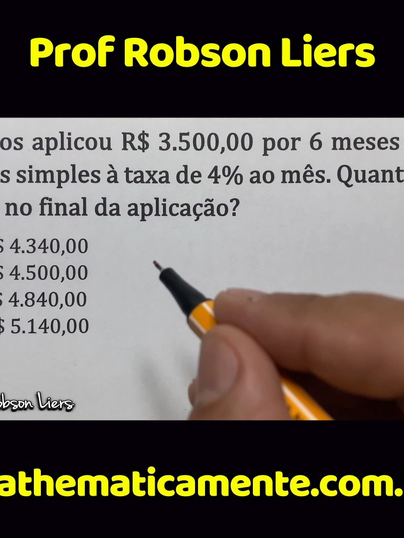 Questão com Juros simples para concursos - Prof Robson Liers #matematica #robsonliers #juros #concursospublicos