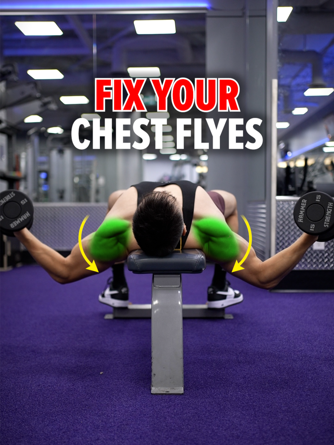 ❌ You're Doing Dumbbell Chest Flyes WRONG! Mistake #1: Arms too straight at the bottom — this puts extra stress on your shoulder joints. ✅ Keep a slight bend in your elbows to protect your shoulders. Mistake #2: Elbows too high — starting with elbows above your shoulders can increase injury risk. ✅ Begin with elbows slightly below shoulder level. Mistake #3: Shoulders rolled forward — this limits chest activation. ✅ Retract your shoulders and keep your chest proud. Mistake #4: Chest caved in — again, less chest engagement. ✅ Keep your chest lifted and open throughout the movement. Mistake #5: Arms stay bent at the top — you’re missing the squeeze. ✅ Extend your arms and squeeze your chest at the top. Size & Shred Training program 👉🏻 deltabolic.com (link in bio) Outfit from @aybl  👉🏻 use code 