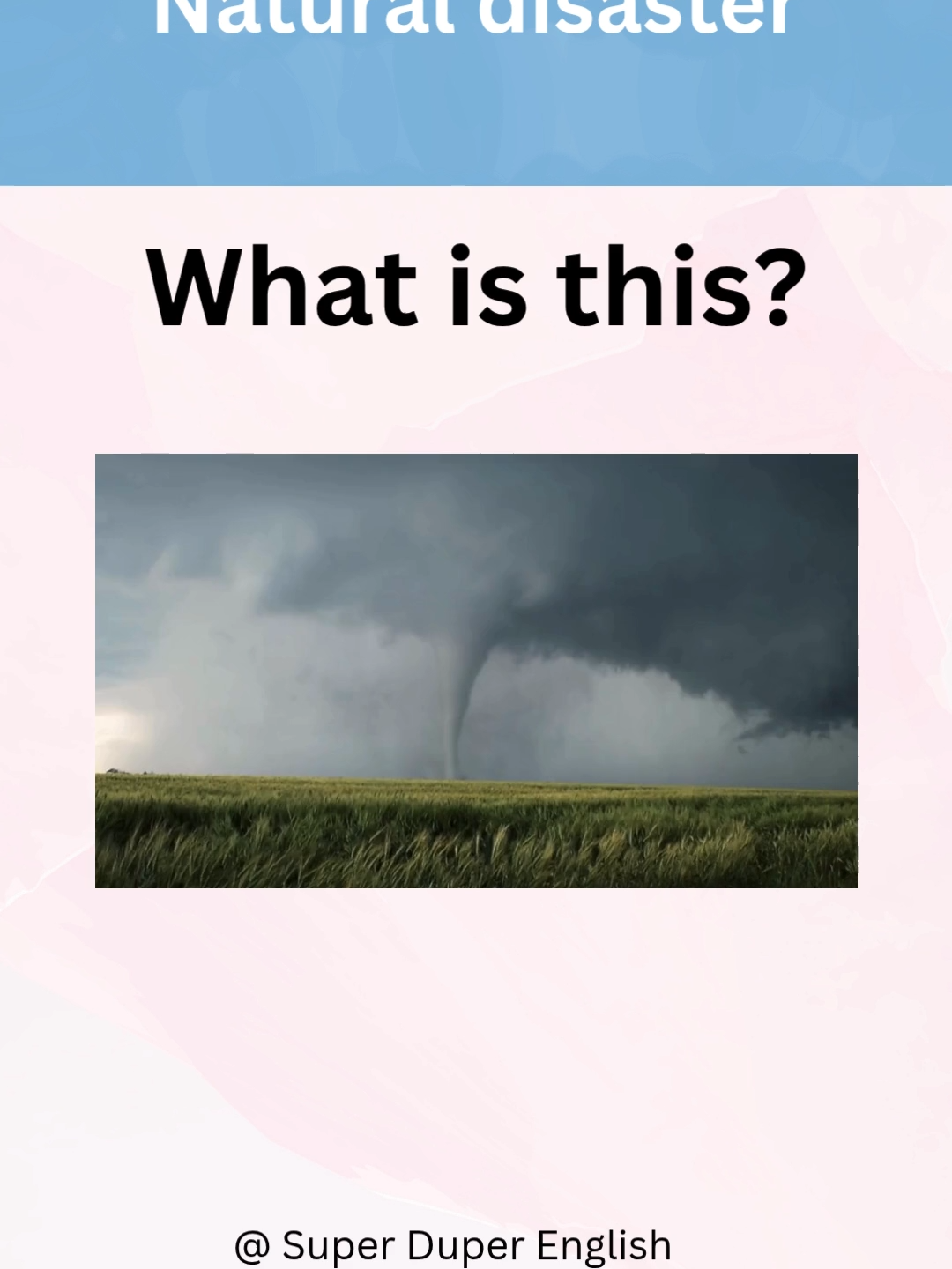 Natural Disasters – Do you know these words? Thiên tai có rất nhiều loại, bạn đã biết hết những từ này chưa? 🌋 Vocabulary: Volcano  – núi lửa Earthquake  – động đất Tsunami – sóng thần Flood   – lũ lụt Hurricane  – bão lớn Landslide   – sạt lở đất Drought   – hạn hán Volcanoes can cause dangerous eruptions.      (Núi lửa có thể gây ra những vụ phun trào nguy hiểm.) 👉 Which natural disaster scares you the most? (Thiên tai nào khiến bạn sợ nhất?) Comment ngay bên dưới để cùng luyện nói tiếng Anh nhé! #vocabulary #englishforbeginners #englishteacher #listening #englishpractice