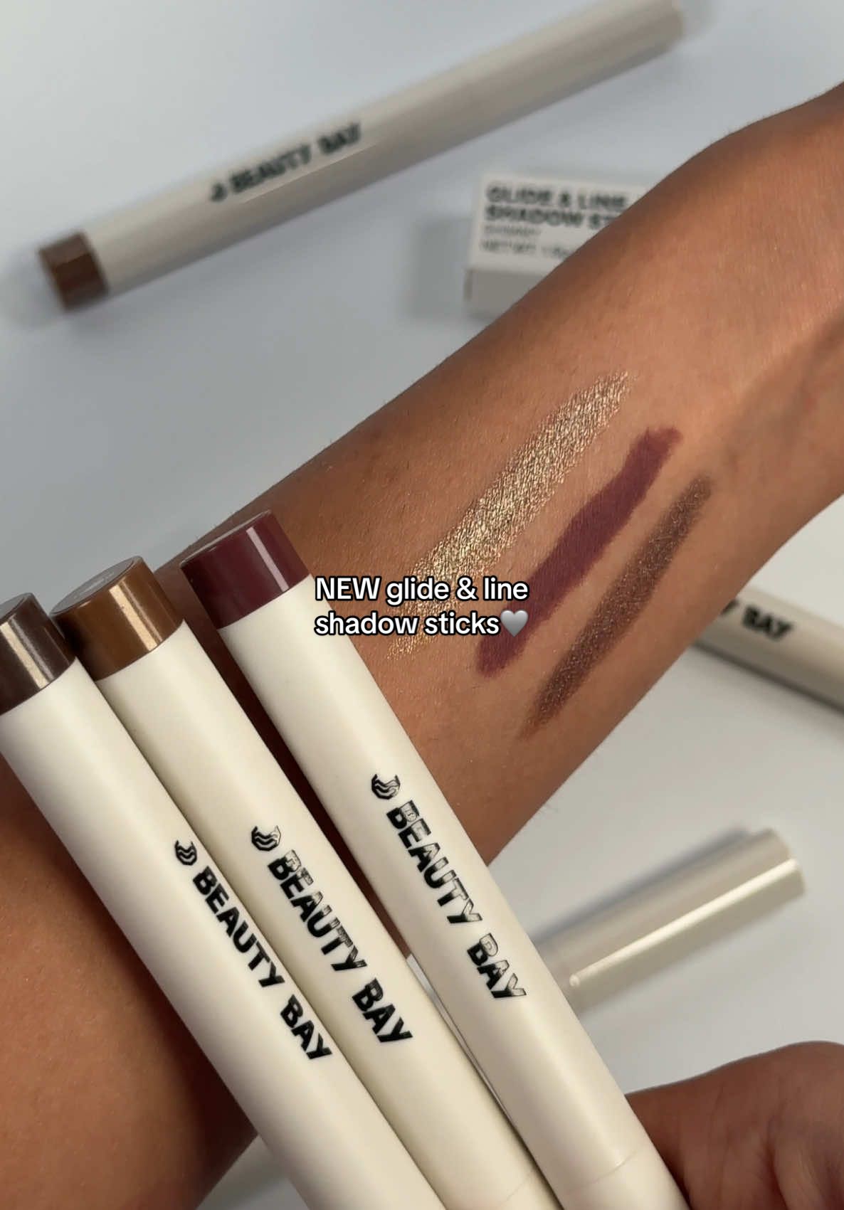 Our NEW Glide & Line Eyeshadow Sticks are HERE 🩶  Available in 3 dreamy shades with a buildable, long-wearing & ultra-creamy formula ✨ #BEAUTYBAY #newproduct #smokeyeyemakeup #shadowsticks 