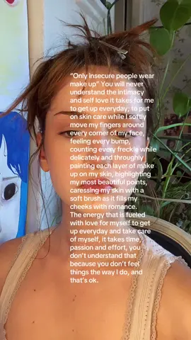 This video was meant to be a positive perspective on putting on make up, this does not mean that everyone who puts on make up does it out of self love, but not everyone who does it is insecure.  This perspective is not often talked about and if you wanna talk about the negative aspects of putting on make up there’s plenty of already existing videos on the topic, or make one yourself. Just because I’m talking about this doesn’t mean I’m not aware of what make up can make to one’s self love, but this video is not about that.  Any comment that is negative will be deleted and you’ll be blocked, this isn’t about insecurities or negativity so don’t bring these mindsets into my comments.  #fyp 