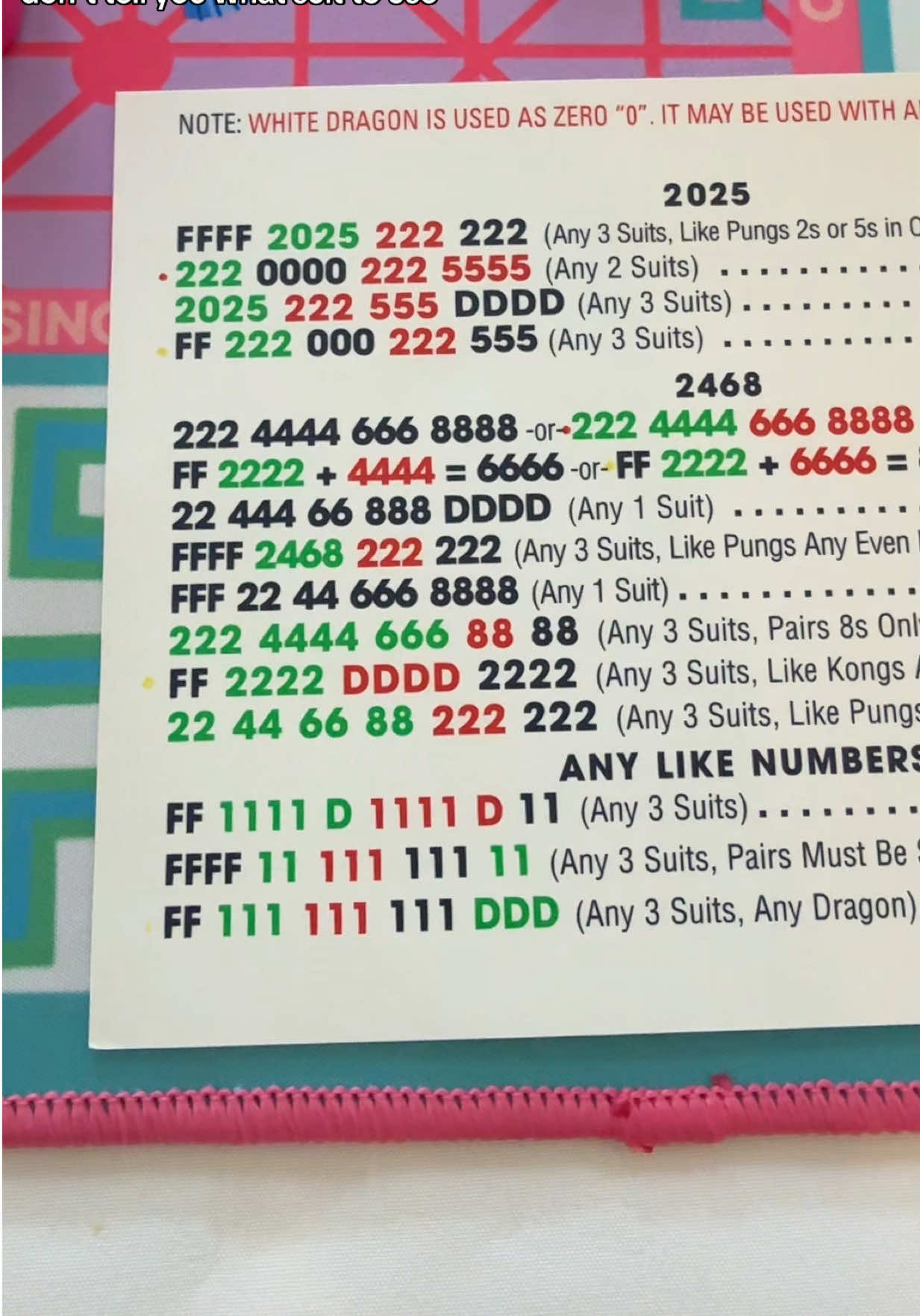 📇 How to Read the 2025 Mah Jong Card This card terrified me when I started. All the colors, groupings, suits… it felt like I needed a decoder ring 😅 Let me break it down so it actually makes sense. ✨ It’s not as complicated as it looks — I promise! 👇 Drop a color combo (like red/green or blue/blue) if you want me to break down a specific line next! #mahjongtok #mahjongtips #nmjl2025 #learntoplaymahjong #americanmahjong #mahjongg101 #beginnerfriendly 