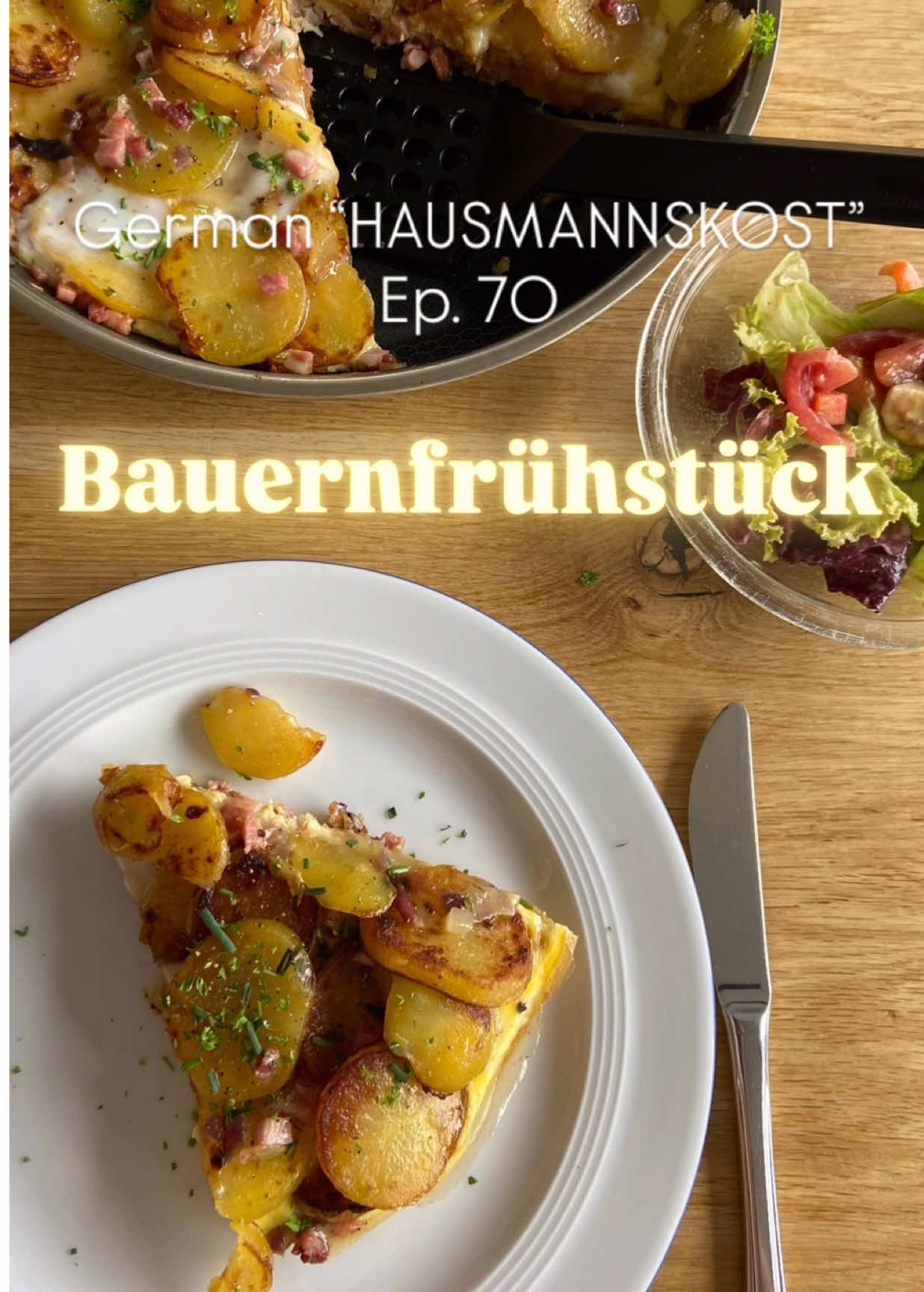 Ep. 70 Bauernfrühstück (Anzeige/Ad) This is technically just like an omelette but filled with many things  Recipe (2-4 servings): - 600g potatoes  - Water  - Salt  Wash the potatoes and cook them in some salty water for about 20min until soft  -  1 onion Cut them into small chunks  - 4 eggs  - 4 tbsp milk - Pepper  - Salt  Mix everything together  When the potatoes are done let them cool down a bit and peel them Cut them into slices  - Chunk butter Fry the potatoes in some butter until golden brown  Only put as much potatoes in the pan that all can get roasted  Remove the potatoes and fry the onions  - 150g ham (cubed) Add the ham and fry that as well Add the egg mixture and cover it for about 10min until the eggs are cooked  Top it with some parsley and eat it just like that or as a side Have fun and enjoy!😊  @hexclad_europe #omlet #bauernfrühstück #Recipe #germanfood #homemadefood 