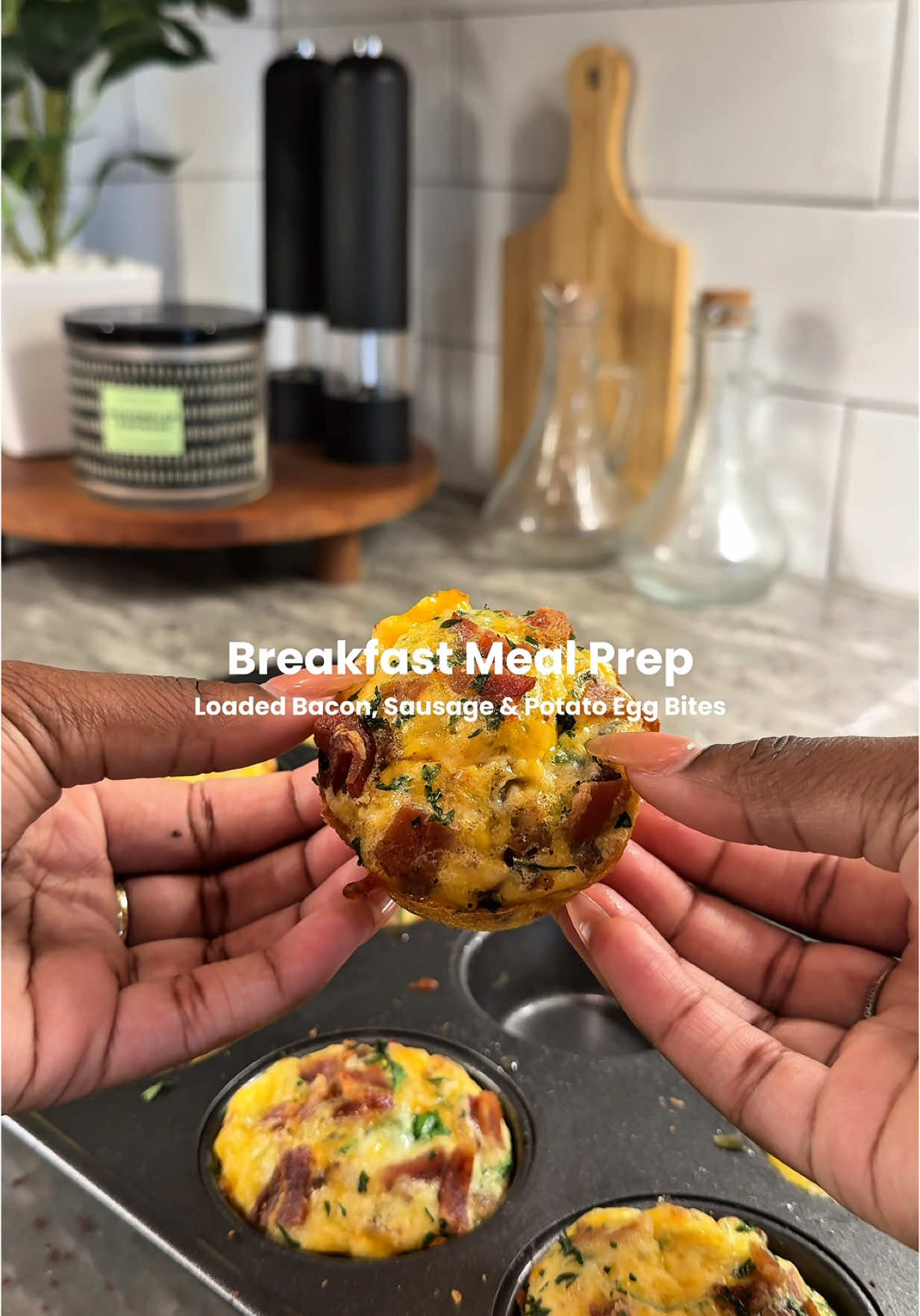 Stop skipping breakfast when you can make egg bites twice a week. This week, my egg bites are made with bacon, sausage, potatoes, spinach, and cheese. Super yummy and so easy to make!  Egg mixture: 9 eggs and 1/3 cup heavy cream.  Simply prepare your ingredients, assemble them in a muffin pan, top with egg mixture, then bake on 375F for 13-15 minutes.  #breakfast #breakfastideas #breakfastrecipes #recipes #easyrecipee #fyp 