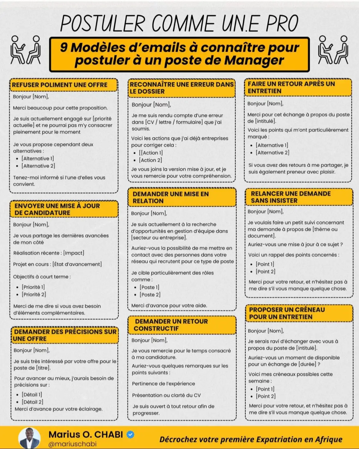 83% des managers ont un secret pour postuler : ils utilisent des modèles d'emails professionnels. Pourquoi ? Parce que postuler sans structure, c'est risquer de passer à côté d'opportunités. Vous êtes d'accord ou vous avez une autre approche ? Aujourd'hui, je veux partager avec vous 9 modèles d'emails essentiels pour tout manager qui se respecte : - Demander une mise en relation - Demander un retour constructif - Faire un retour post-entretien - Mettre à jour sa candidature - Refuser poliment une offre - Demander des précisions - Reconnaître une erreur - Relancer sans insister Ces modèles ne sont pas là par hasard. Ils répondent aux situations les plus fréquentes que vous rencontrerez dans votre recherche d'emploi. La différence entre un email professionnel et un email amateur ? C'est souvent ce qui fait qu'on vous rappelle... ou pas. Trop de candidats négligent cet aspect crucial de leur candidature. Mais vous, vous faites partie de ceux qui veulent se démarquer, n'est-ce pas ? ✍️ Quel modèle d'email vous semble le plus utile ? #opportunités#Réussite 