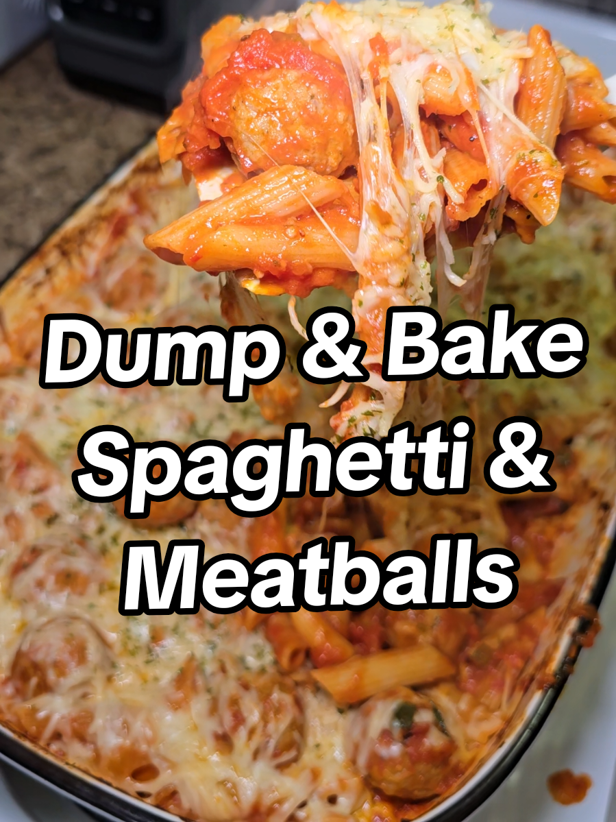 Dump & Bake Spaghetti & Meatballs for the win!! 🍝  #EasyMeal #SimpleRecipe #Dinner #DinnerIdeas #EasyRecipe 
