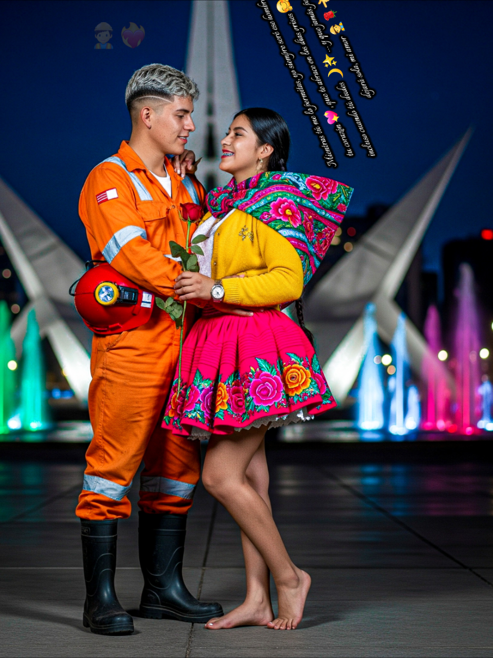 Magia y amor peruano en el corazón del Parque de las Aguas ✨🇵🇪 Nuestra bella huancavelicana y su apuesto minero iluminando la noche limeña con su romance. ¡Un cuento de hadas moderno! #Mineria #InspiracionDiaria #TrabajoDuro #CrecimientoPersonal #ParaTi