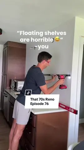 Floating shelf reveal 🥹 Seriously the last time I tried to build a shelf it took me three tries to do it 🤠 SO grateful I was able to make this one work on the first attempt (minus the weird gaps) and it looks SO GOOD in this space! Now that this is installed I can get started working on the backsplash! Make sure to follow me to see how the rest of the kitchen renovation turns out 🥳 #that70sreno #kitchenremodel #diykitchenremodel #floatingshelves 