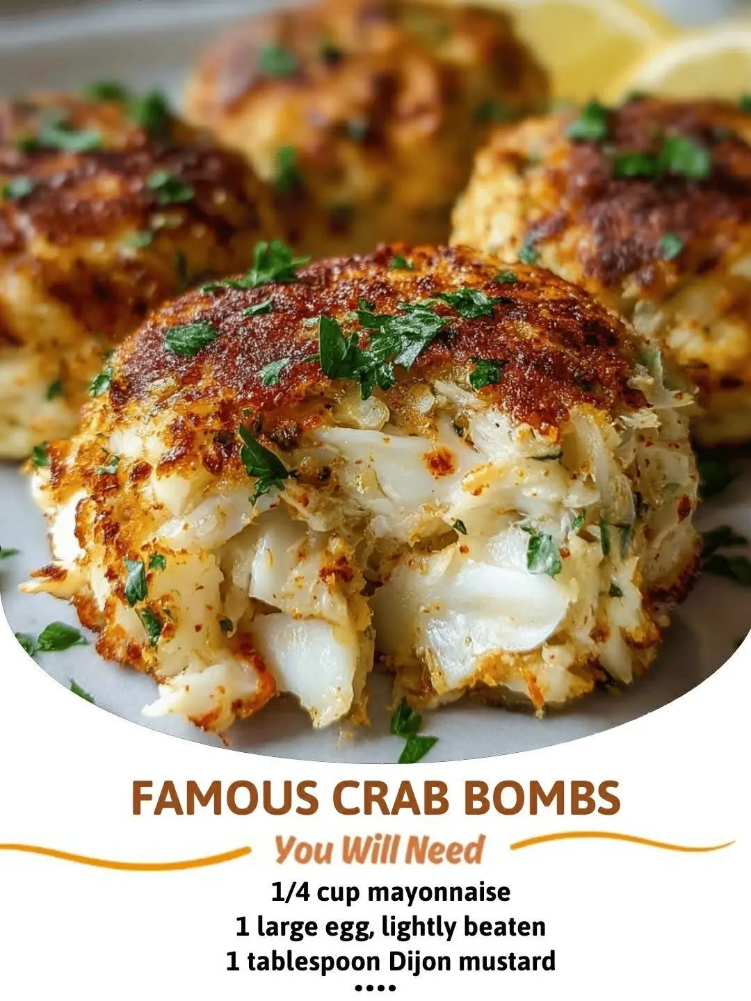 🦀 Famous Crab Bombs – Big, Juicy, Maryland-Style Crab Cakes Packed with Flavor These rich, buttery crab bombs are all about the crab—no fillers, no fuss—just sweet lump meat lightly seasoned and baked into golden perfection. A seafood lover's dream! 📋 ingredients: • 1 lb jumbo lump crab meat, picked over for shells • 1/2 cup mayonnaise • 1 large egg • 1 tablespoon Dijon mustard • 1 tablespoon Worcestershire sauce • 1 teaspoon Old Bay seasoning (or more to taste) • 1 teaspoon lemon juice • 1/4 teaspoon salt • 1/4 teaspoon black pepper • 1/4 cup crushed Ritz crackers (or plain breadcrumbs – optional for slight binding) • 2 tablespoons fresh parsley, chopped (optional) • Butter, for greasing and brushing 🥣 instructions: prepare the mixture In a large bowl, whisk together mayonnaise, egg, Dijon, Worcestershire, Old Bay, lemon juice, salt, and pepper. Gently fold in crab meat and parsley (if using), being careful not to break up the lumps. Add crushed crackers only if the mix feels too wet to hold shape. shape the bombs Form into 4 large, tight balls or mounds using your hands. Chill in the fridge for 30 minutes to help them hold together. bake Preheat oven to 375°F (190°C). Place crab bombs on a greased baking dish or parchment-lined tray. Brush tops lightly with melted butter. Bake for 20–25 minutes, or until golden and heated through. serve Serve hot with lemon wedges, tartar sauce, or a drizzle of melted garlic butter. 💡 tips: • Don’t overmix—keep those crab lumps intact for the best texture • Chilling before baking is key to prevent spreading • Add a pinch of cayenne if you want some heat ⏲ prep time: 15 mins | chill time: 30 mins | bake time: 25 mins serves: 4 #fyp #foryoupage #foryourpage #Recipe #recipes #cooking #recipesoftiktok 
