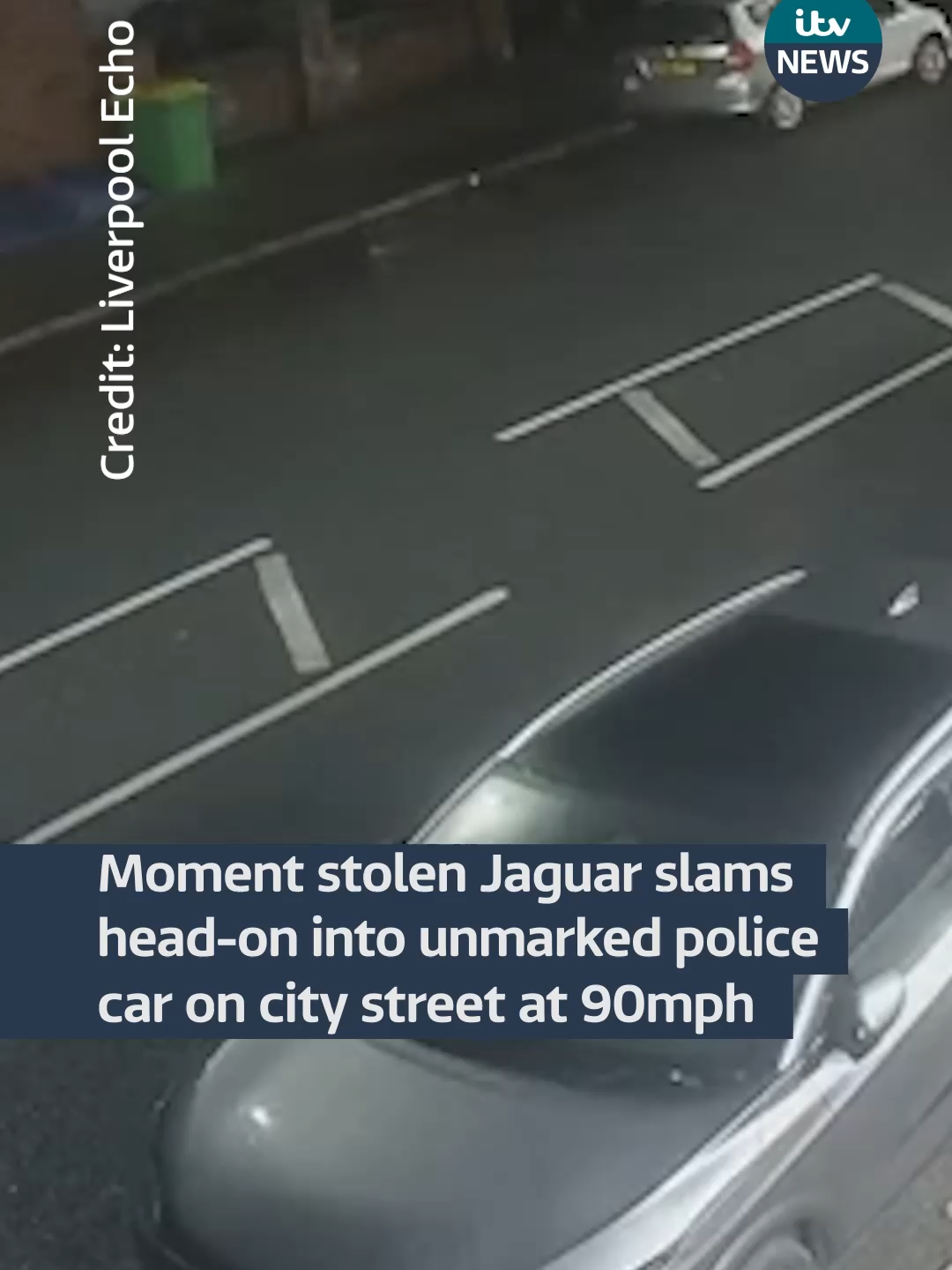 Two men have been jailed after crashing head-on into an unmarked police car while being chased by police in Liverpool.  CCTV shows the moment a stolen Jaguar crashed at 90mph on Heyworth Street in Everton last December. Norman O’Connor and Colin Miller had stolen the car from a pensioner after raiding his home in Anfield.  Today they were jailed for a total of 17 years. A fifteen year old boy who was also involved was previously handed four years and seven months in youth detention. #itvnews