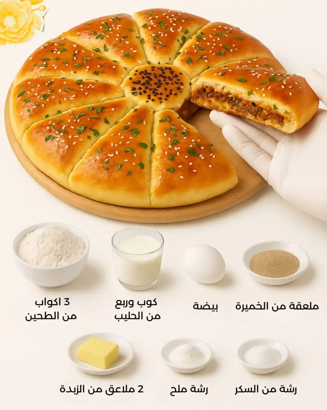 إليك وصفة فطائر قطنية محشوة باللحم المفروم، تُخبز في الصينية: ### المكونات #### للعجينة: - 3 أكواب دقيق - 1 كوب ماء دافئ - 1/4 كوب زيت نباتي - 1 ملعقة كبيرة سكر - 1 ملعقة صغيرة ملح - 1 ملعقة كبيرة خميرة فورية #### للحشوة: - 500 جرام لحم مفروم - 1 بصلة كبيرة مفرومة - 2 فص ثوم مفروم - 1 ملعقة صغيرة بهارات (مثل الكمون والبابريكا) - ملح وفلفل حسب الذوق - 2 ملعقة كبيرة زيت زيتون - بقدونس مفروم (اختياري) ### طريقة التحضير #### تحضير العجينة: 1. في وعاء، اخلط الدقيق والملح والسكر والخميرة. 2. أضف الزيت والماء الدافئ، واعجن حتى تتكون عجينة ناعمة. 3. اترك العجينة لتخمر لمدة ساعة أو حتى يتضاعف حجمها. #### تحضير الحشوة: 1. في مقلاة، سخن زيت الزيتون، ثم أضف البصل والثوم وقلّب حتى يذبل. 2. أضف اللحم المفروم، والبهارات، والملح، والفلفل. اطبخ حتى ينضج اللحم. 3. أضف البقدونس المفروم واخلط جيدًا، ثم اترك الحشوة لتبرد. #### تشكيل الفطائر: 1. بعد أن تختمر العجينة، قسمها إلى كرات صغيرة. 2. افرد كل كرة على شكل دائرة، ثم ضع ملعقة من الحشوة في المنتصف. 3. اغلق العجينة بشكل نصف دائرة، ثم اضغط على الأطراف لتثبيتها. #### الخبز: 1. سخن الفرن على حرارة 180 درجة مئوية. 2. ضع الفطائر في صينية مدهونة بالزيت، واتركها لمدة 15 دقيقة لتختمر مرة أخرى. 3. اخبز الفطائر في الفرن لمدة 20-25 دقيقة أو حتى تصبح ذهبية. ### التقديم: قدّم الفطائر ساخنة، مع صلصة أو زبادي حسب الرغبة. بالهناء والشفاء!