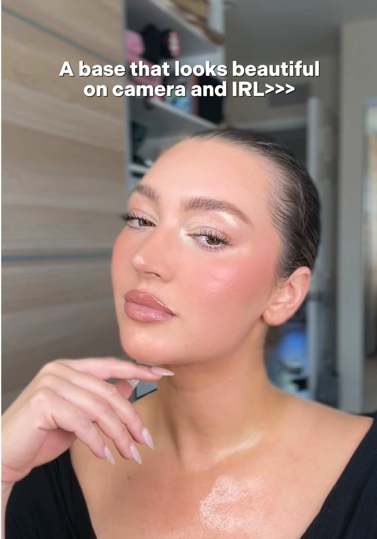 This might be my best base routine to date no lie- it’s so gorgeous irl and on camera + lasts all day into night LITERALLY. I have swam, sweat, and cried in this glam- she’s gonna stay looking GORG  Product breakdown  #meritbeauty complexion sticks in Dune, Jute, and Sepia  @Rare Beauty liquid blush in Hope @IT Cosmetics Sun Blush in Sun Blossom @Diorbeauty Forever Glow Maximizer in Pink  @hudabeautyshop loose powder in Pound Cake  @RHODE pocket blush in Piggy @Armani beauty Luminous Silk Bronzing Powder 90