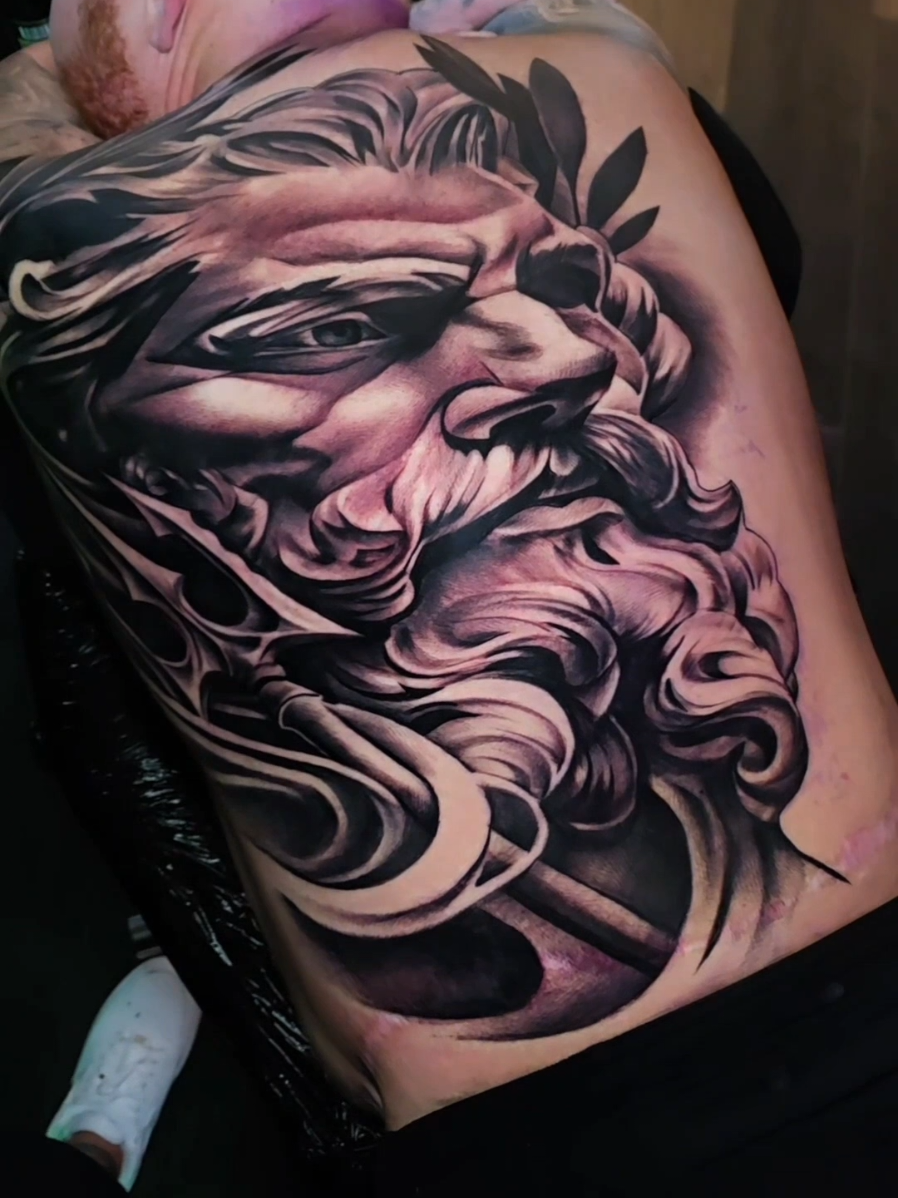 First 5.5 hours tattooing on this one down! My client sat amazing 🙏 #tattooartistsoftiktok #mythology #tattoo #fyp #foryoupage #greek 
