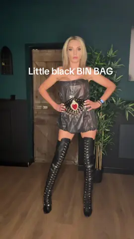 Little black bin bag.  Bit of humour!   That saying of 'you would look good in a bin bag !' Well do I? Lol. @charmskoolshop . #tiktokcreator #tiktokgrowth #creator #heels #boots #thighhighboots #fashion #humour #binbag #binbagdress #charmskoolshop 